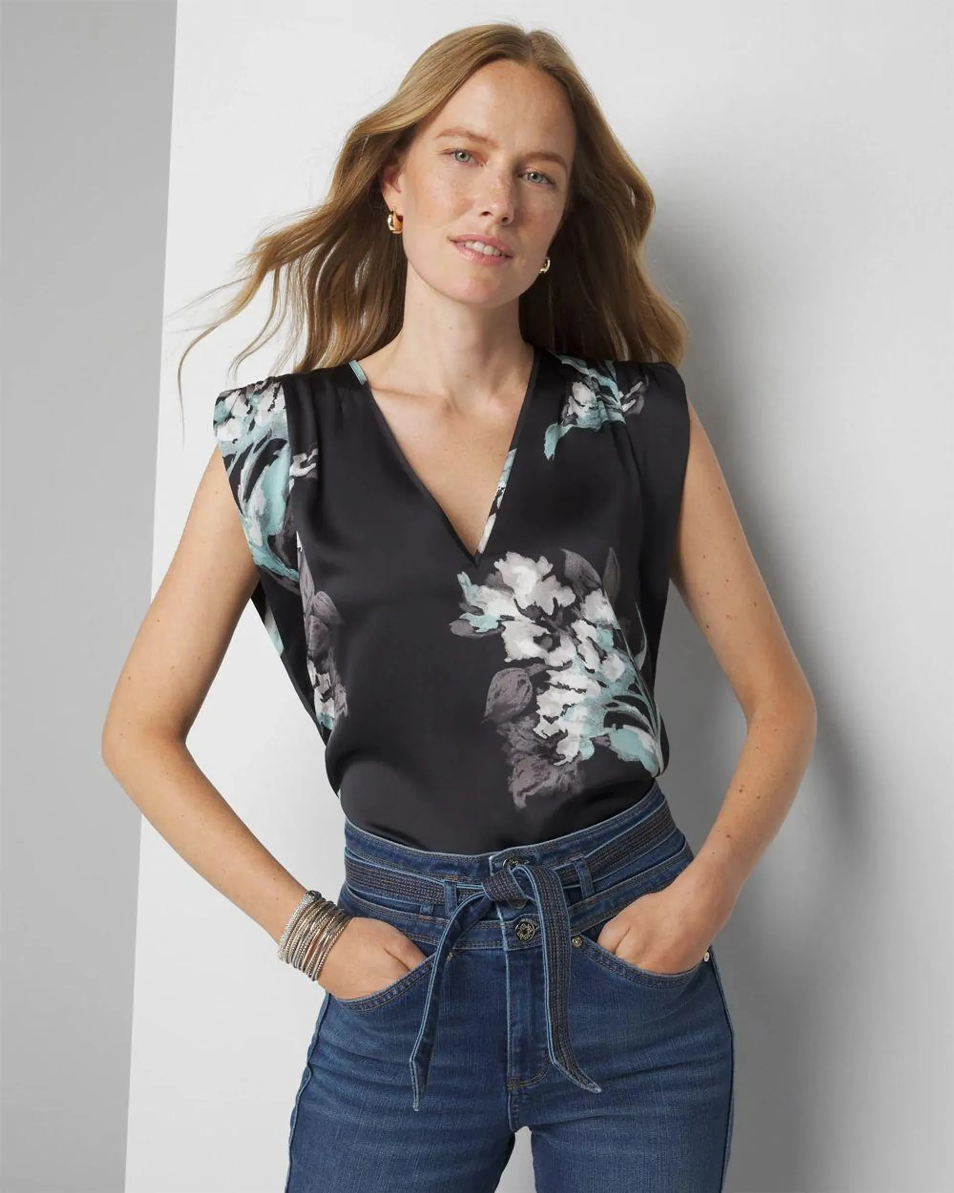 V-neck Ruched Shoulder Shell Top