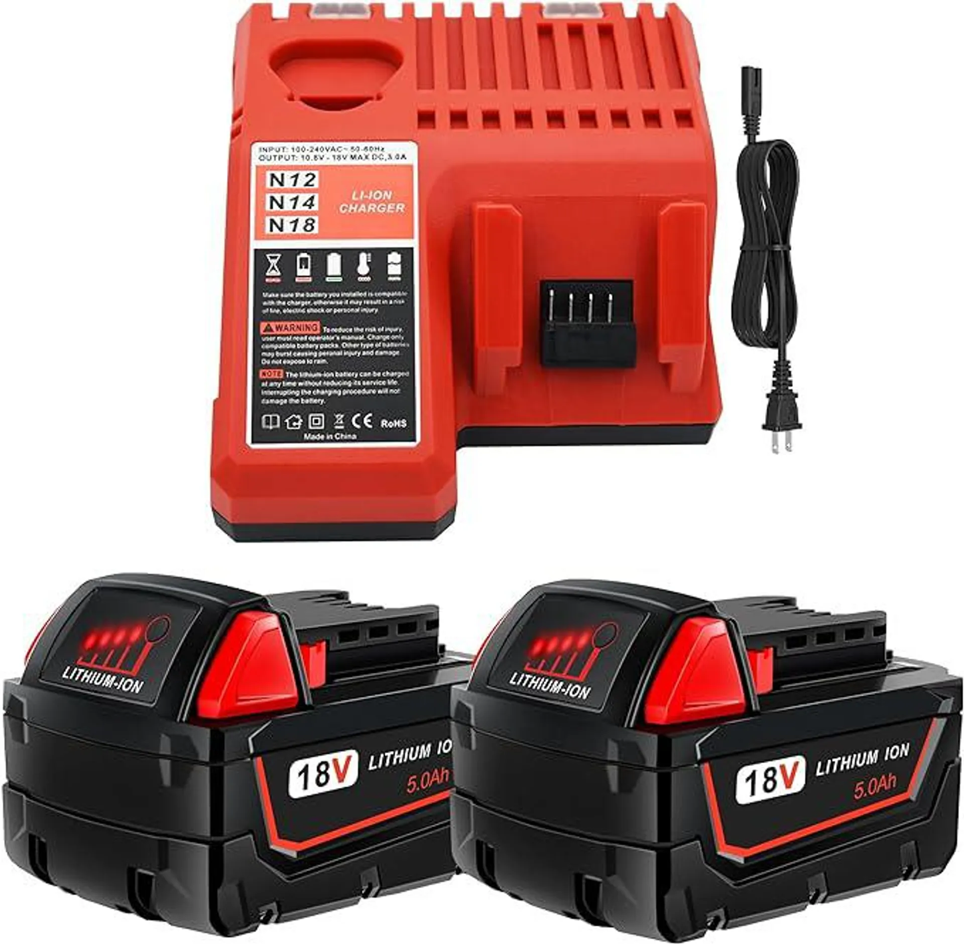 2 Pack 5.0Ah 18V M18 Batteries and Charger Replacement for Milwaukee M18 Lithium Ion Battery Compatible with 48-11-1815 48-11-1820 48-11-1828