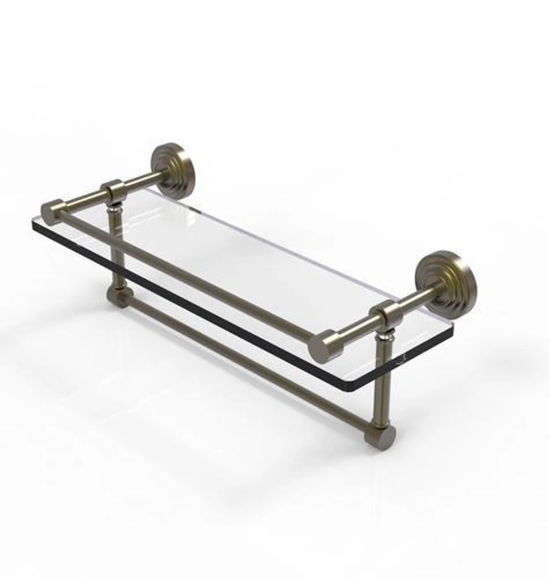 Allied Brass Waverly Place 16" Antique Brass Gallery Glass Bathroom Shelf with Towel Bar