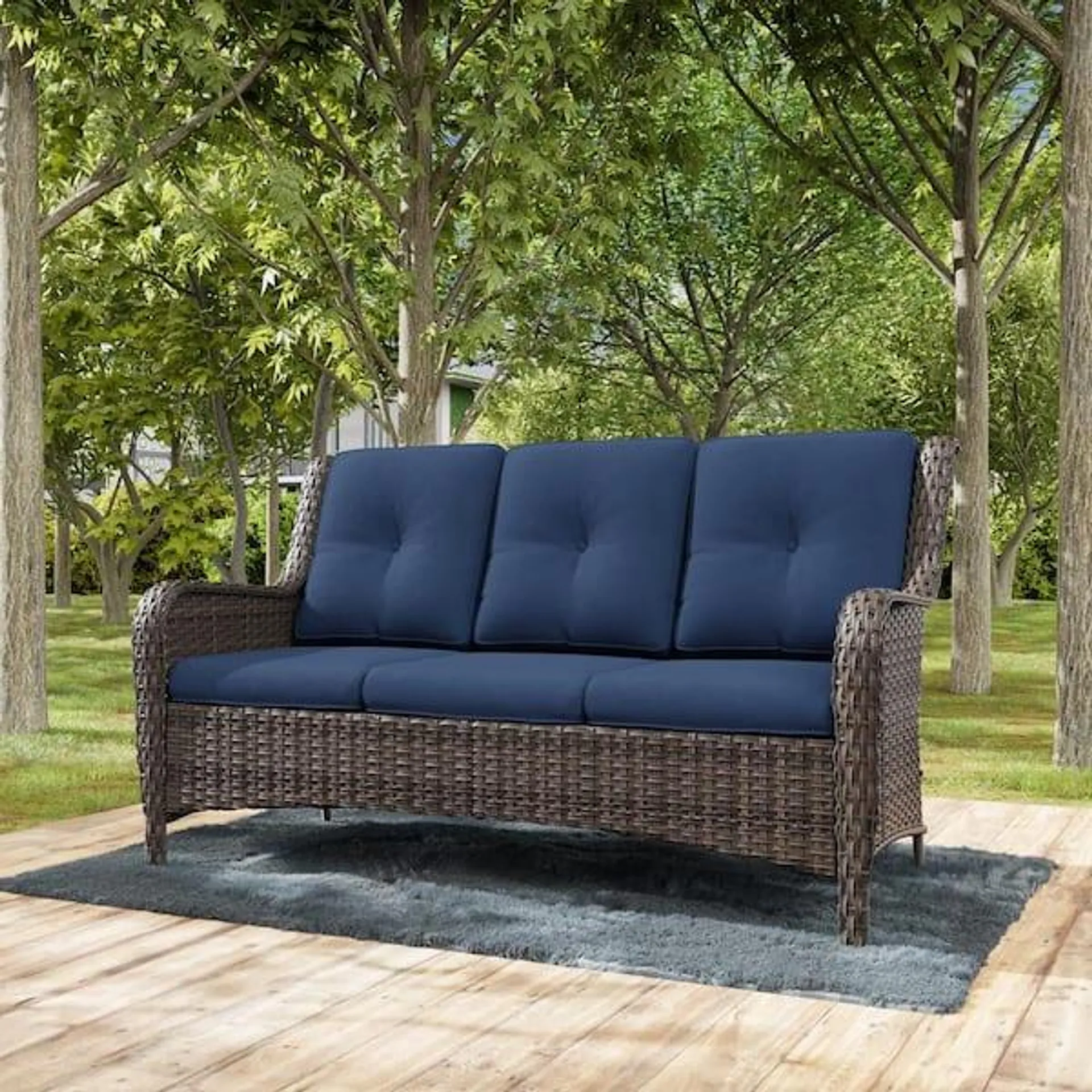 3-Seat Wicker Outdoor Patio Sofa Sectional Couch with Blue Cushions