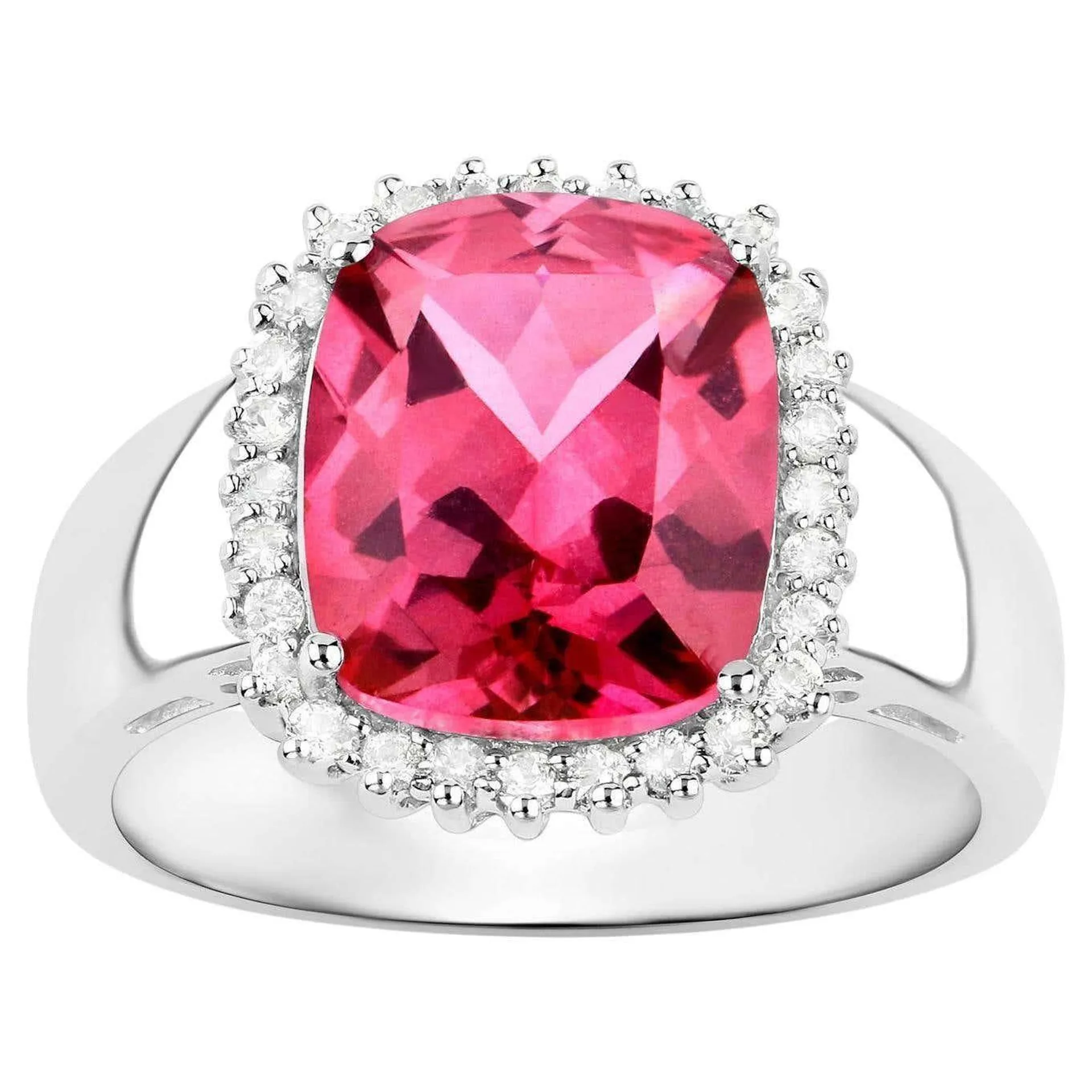 Hot Pink Topaz Ring White Topaz Halo 4.4 Carats