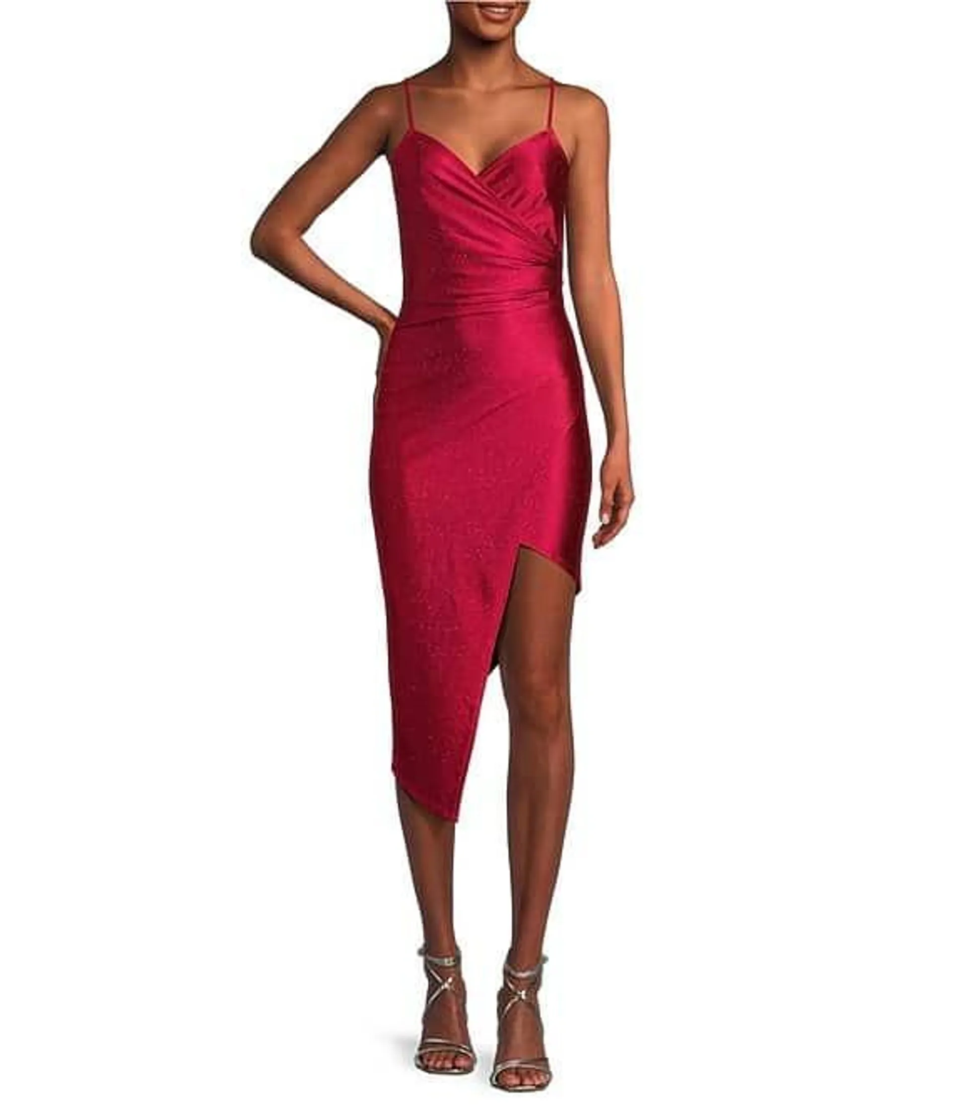 Spaghetti Strap Asymmetrical Hem Faux-Wrap Shimmery Stretch Satin Dress