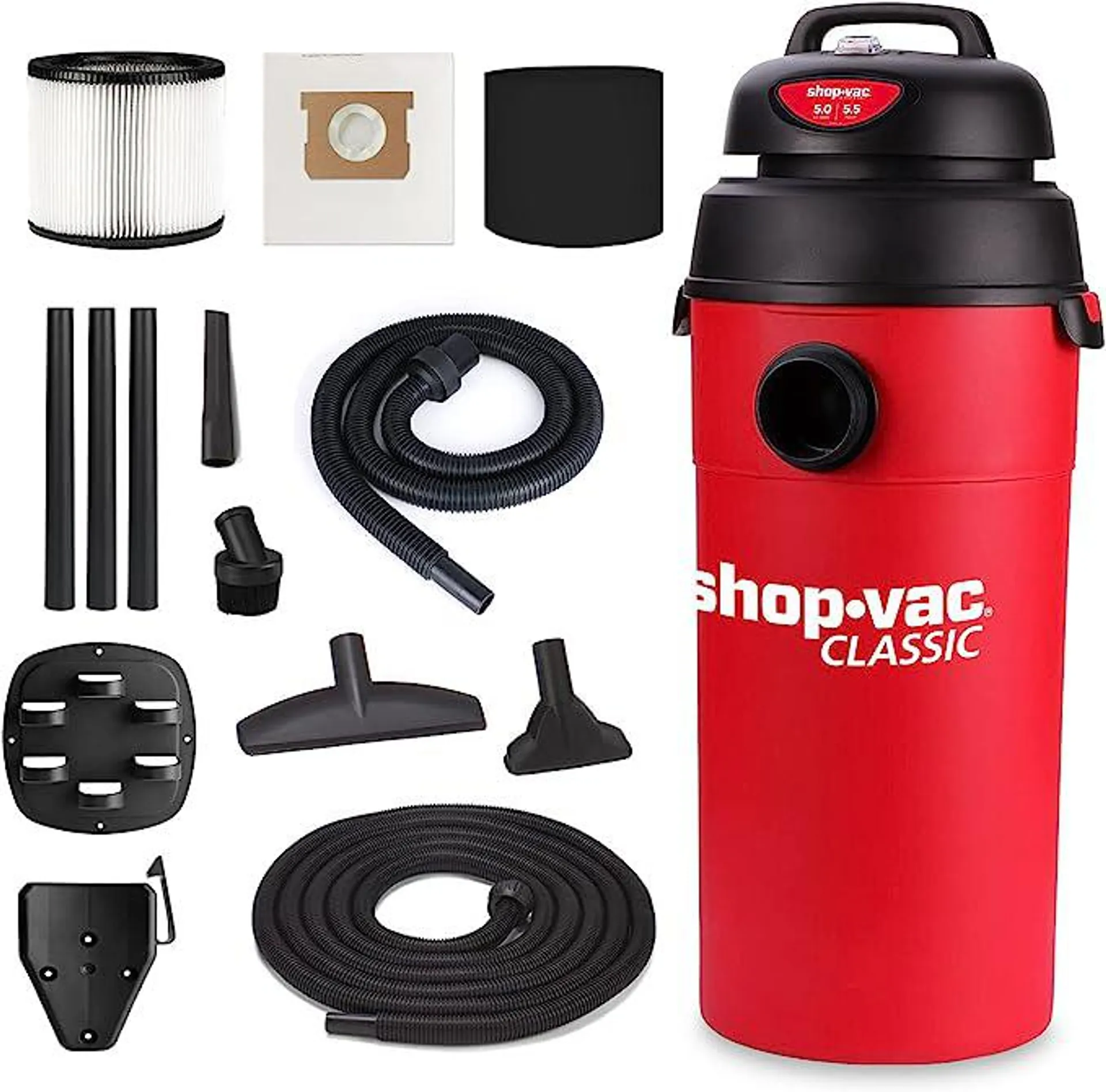 Shop-Vac 5 Gallon 5.5 Peak HP Wet/Dry Vacuum, Wall Mountable Compact Shop Vacuum with 18' Extra Long Hose & Attachments, Ideal for Jobsite, Garage, Car & Workshop. 9522236