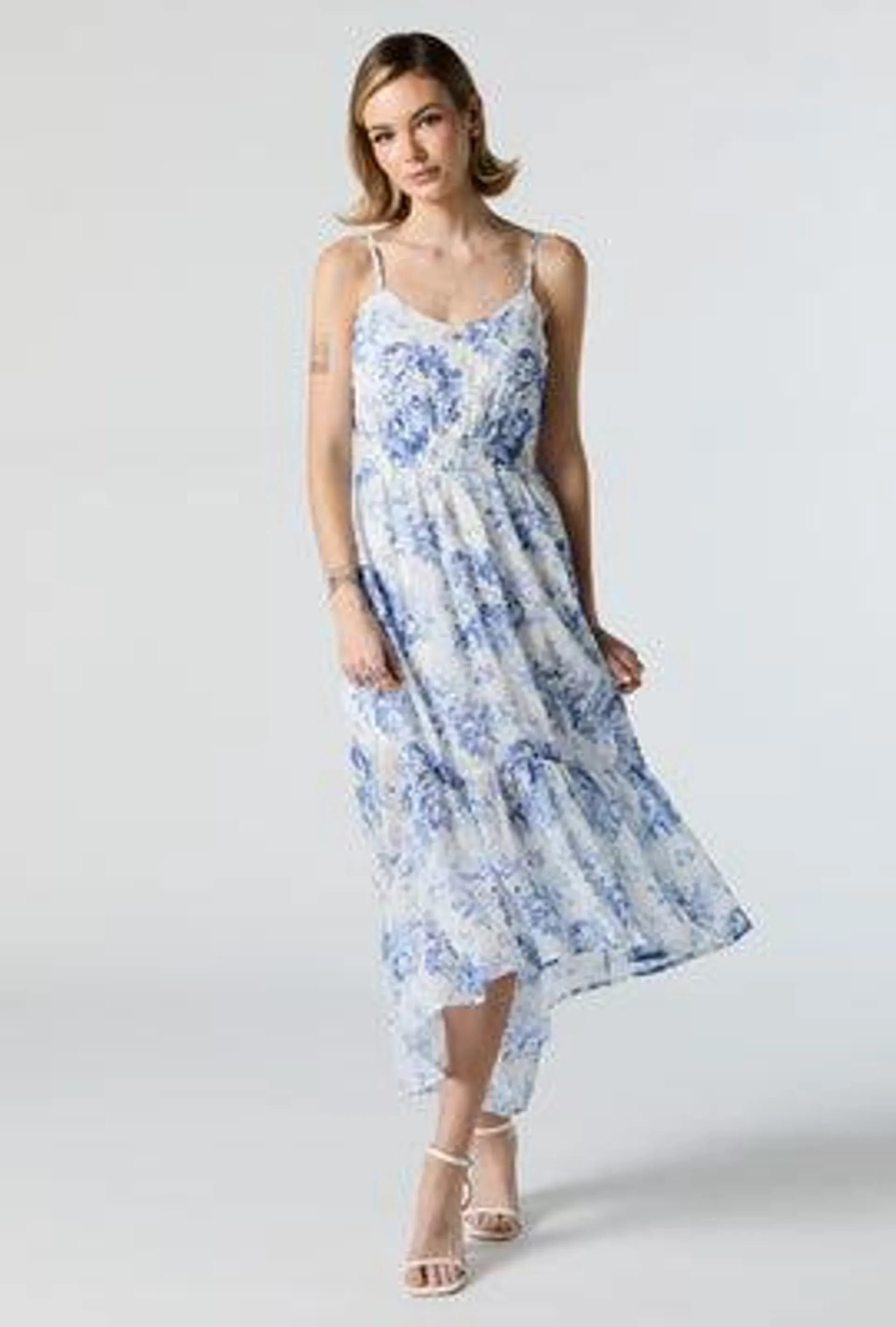 Blue Floral Chiffon High Low Midi Dress