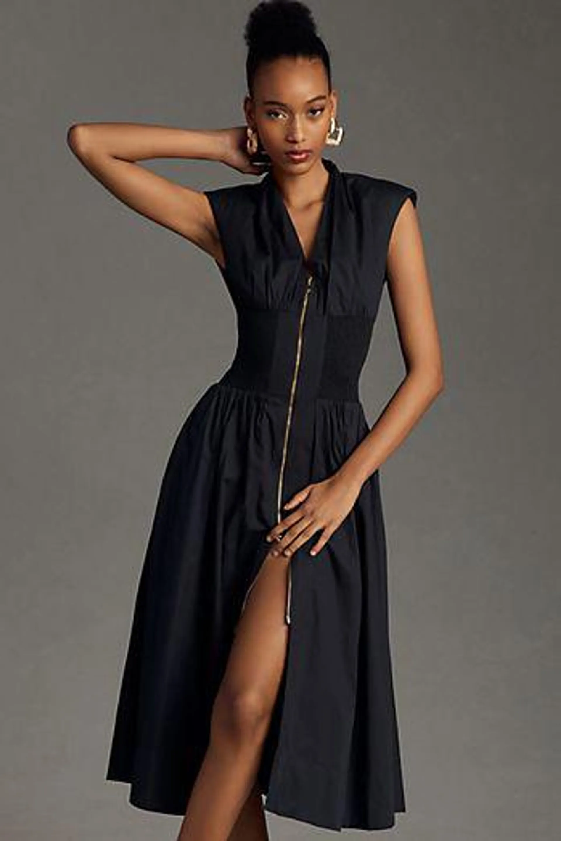 The Tommie Cap-Sleeve Smocked Front-Zip Shirt Dress