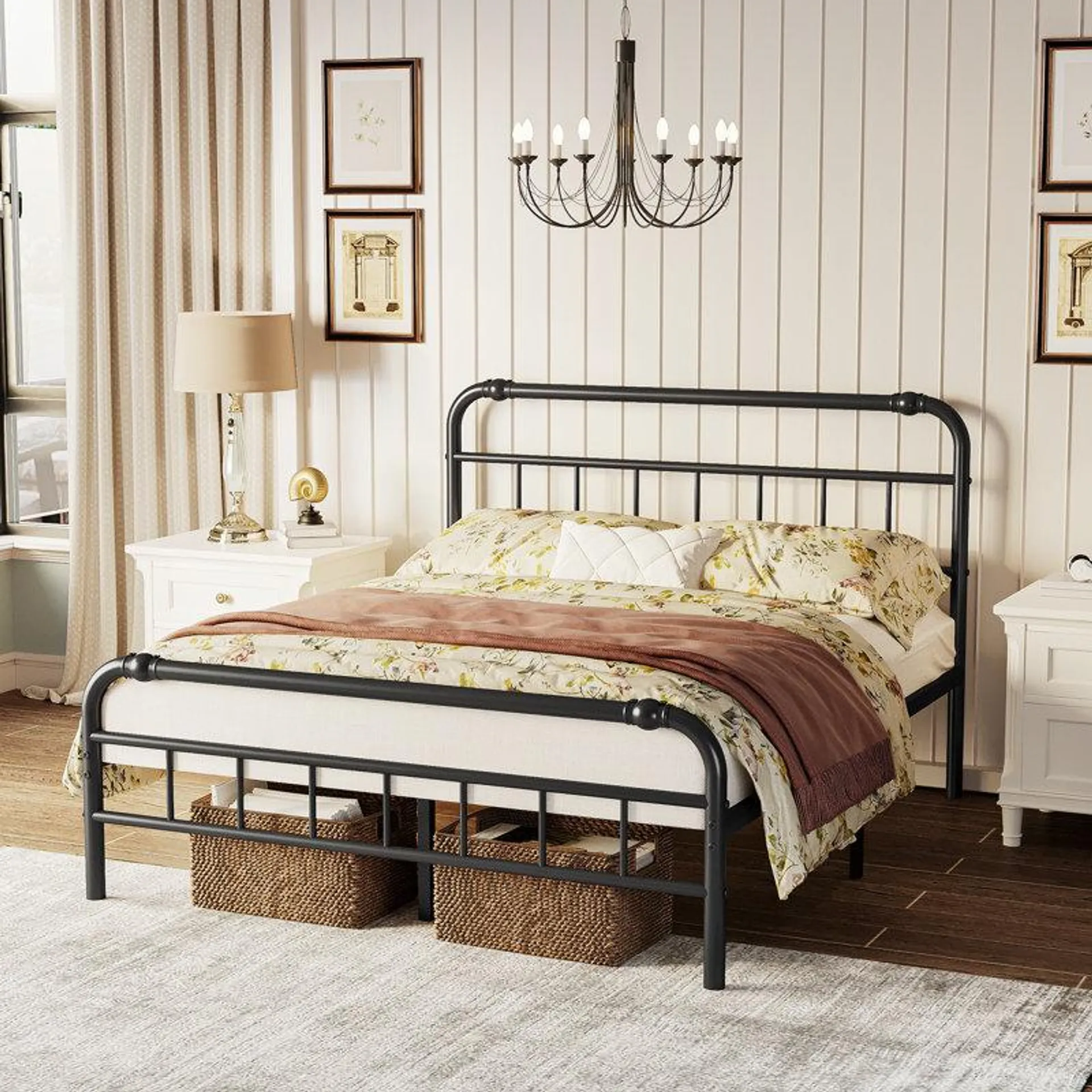 Marple 40 Inch Bed Frame With Headboard And Footboard, No Box Spring Needed Heavy Duty Metal Platform, Premium Steel Slat Mattress Foundation With Storage, Noise Free Iron-Art Bed Frame