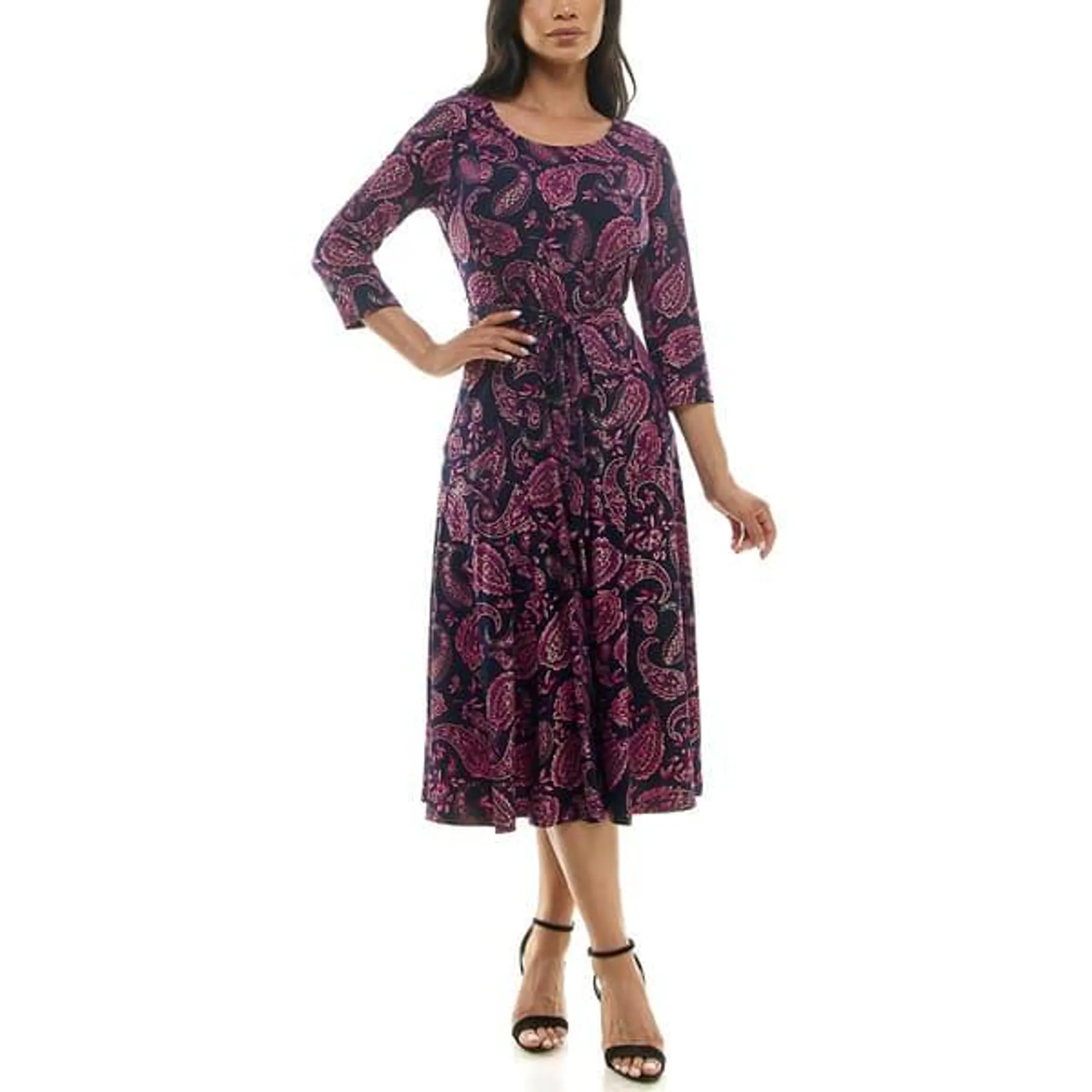 Womens Nina Leonard 3/4 Sleeve Foil Paisley Sylvia Midi Dress