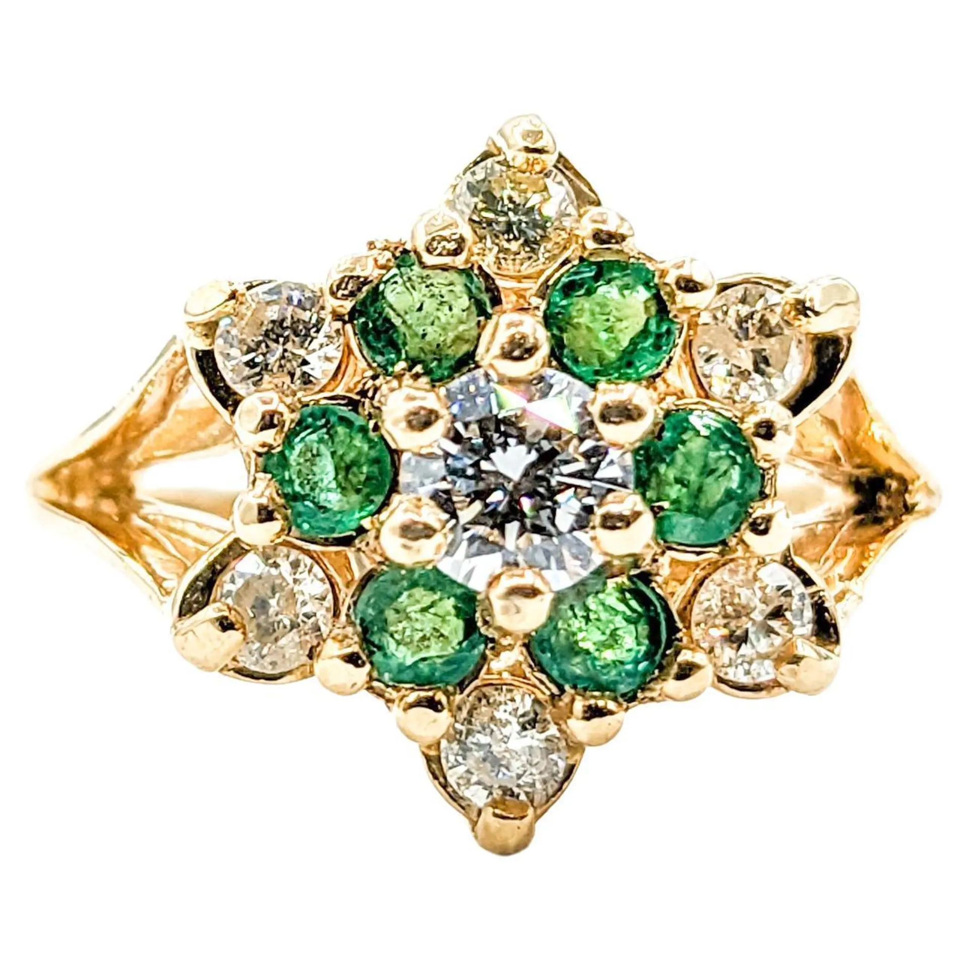 Vintage Emerald & Diamond Star Cluster Ring In Yellow Gold