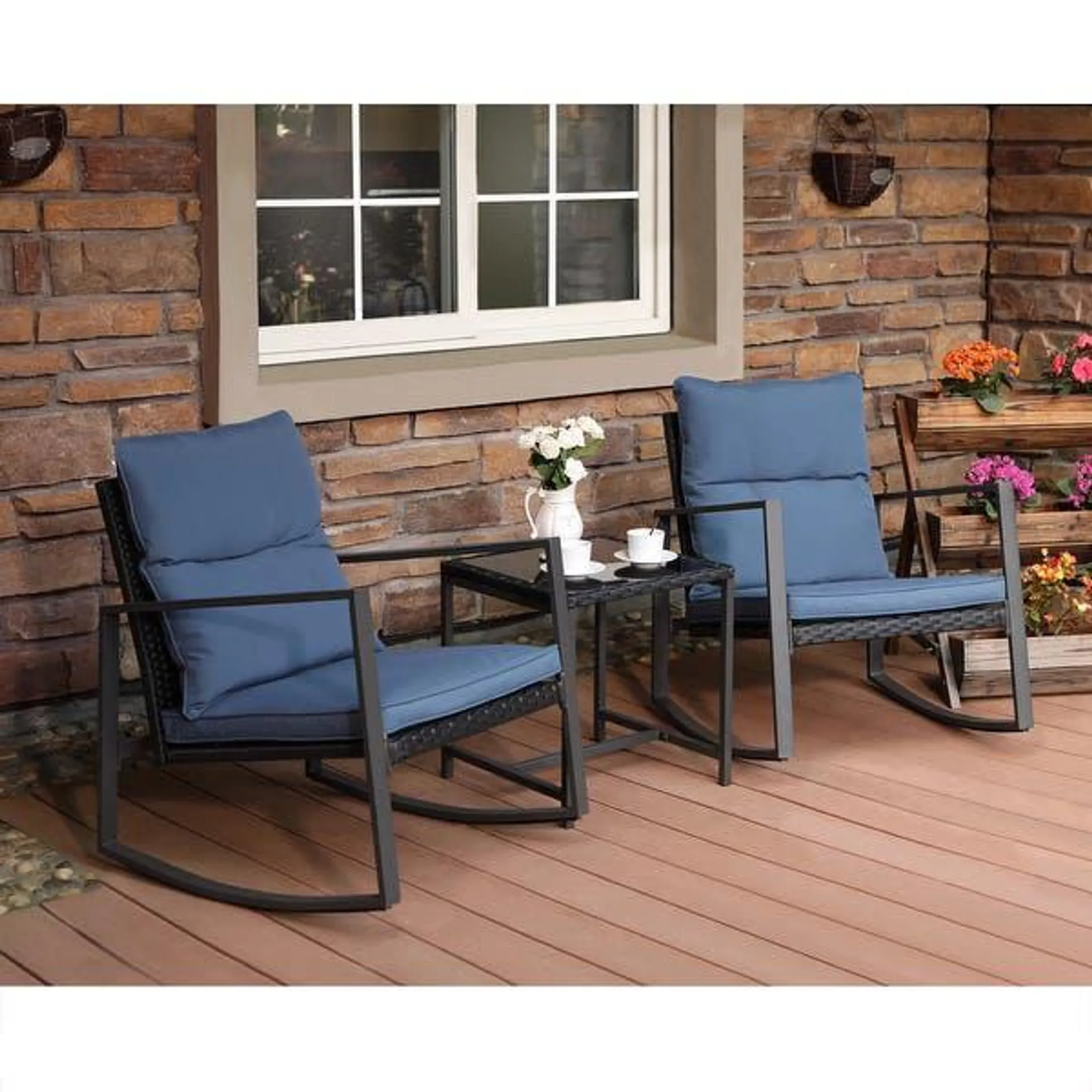COSIEST Outdoor Bistro Rocking Chair Set with Cushions - navy blue