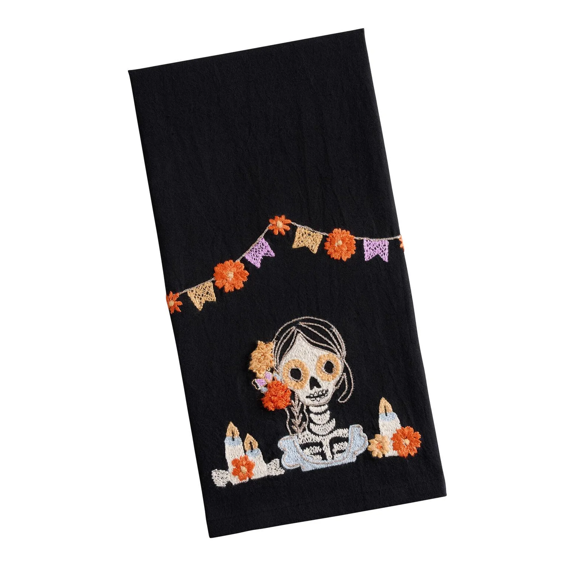 Black Dia De Los Muertos Embroidered Skeleton Kitchen Towel