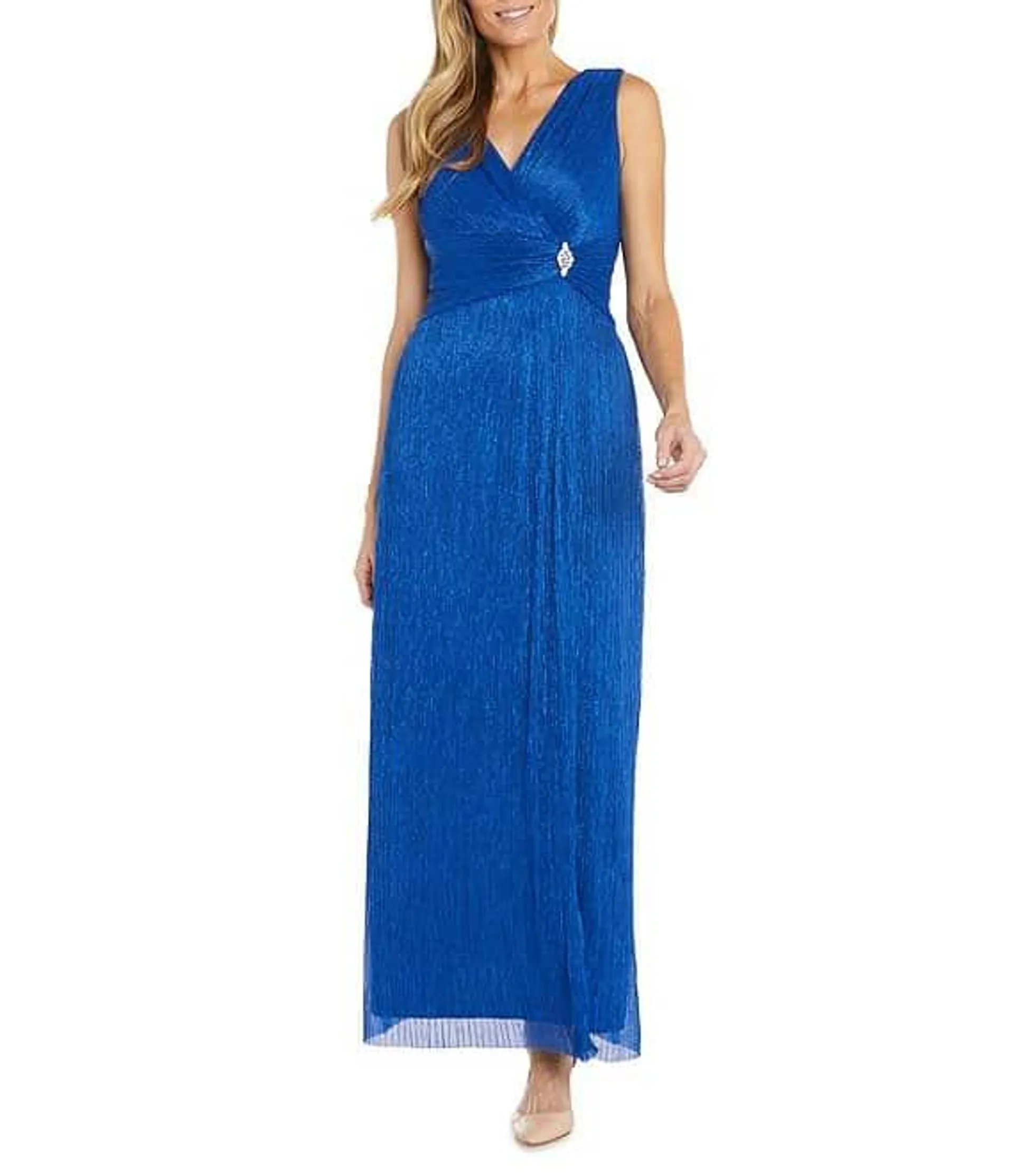 Sleeveless V-Neck Front Slit Pleated Metallic Dress