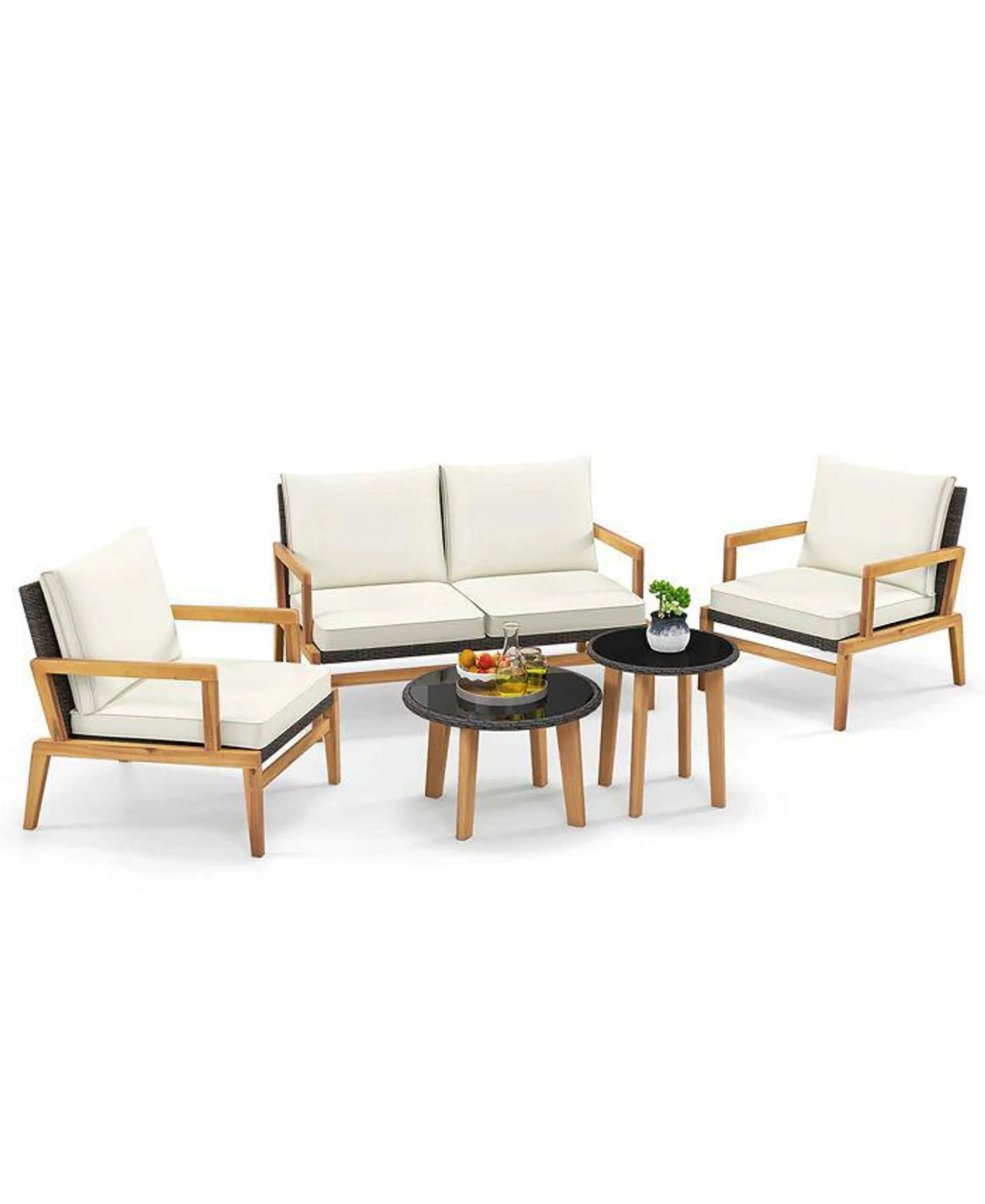 5 Piece Rattan Furniture Set Wicker Woven Sofa Set with Solid Acacia Wood Frame