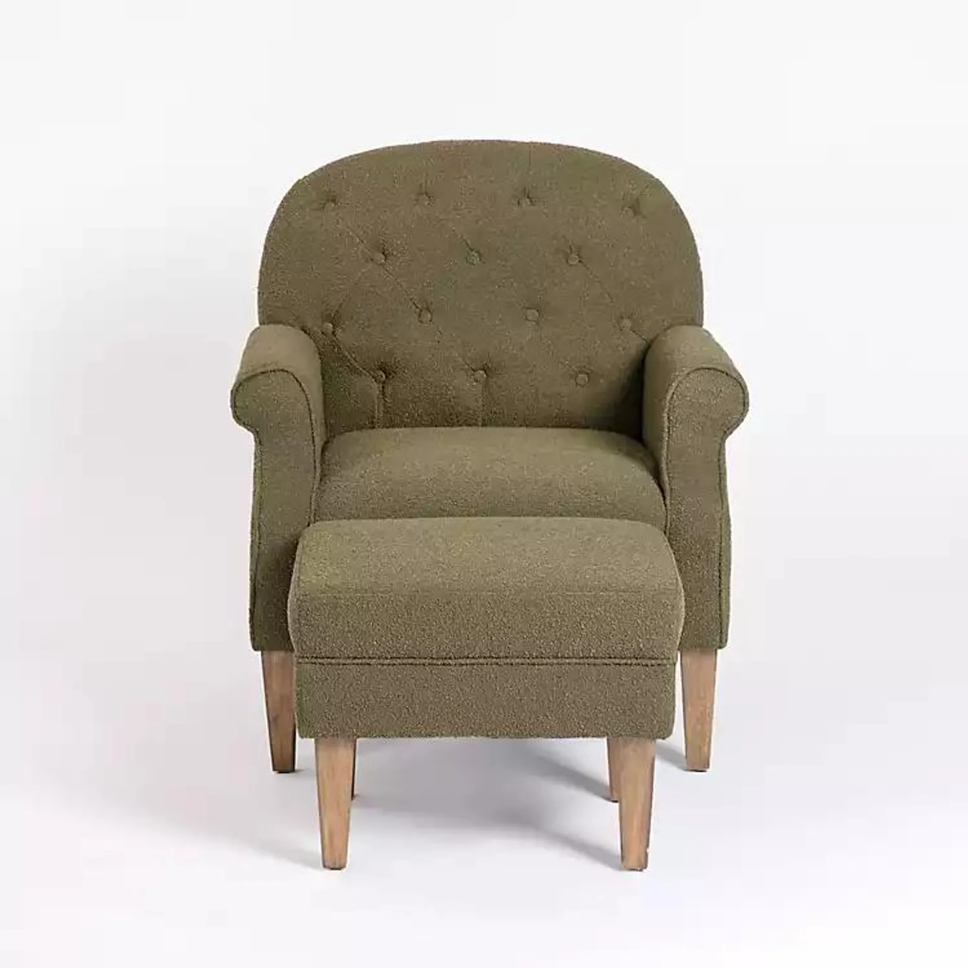 Olive Green Boucle Tufted Chair & Ottoman Set