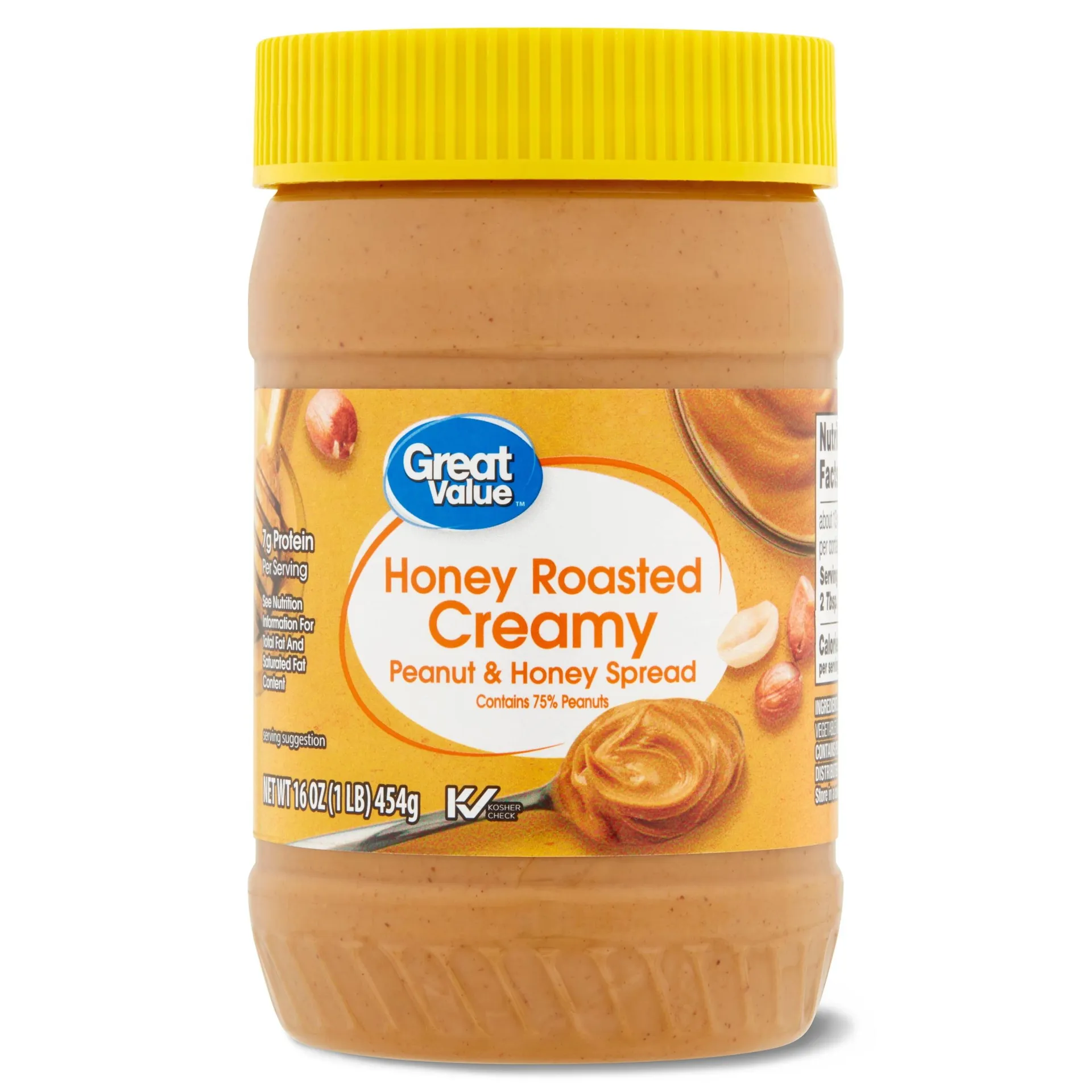 Great Value 7 Grams Protein Honey Roasted Creamy Peanut and Honey Spread, 16 oz