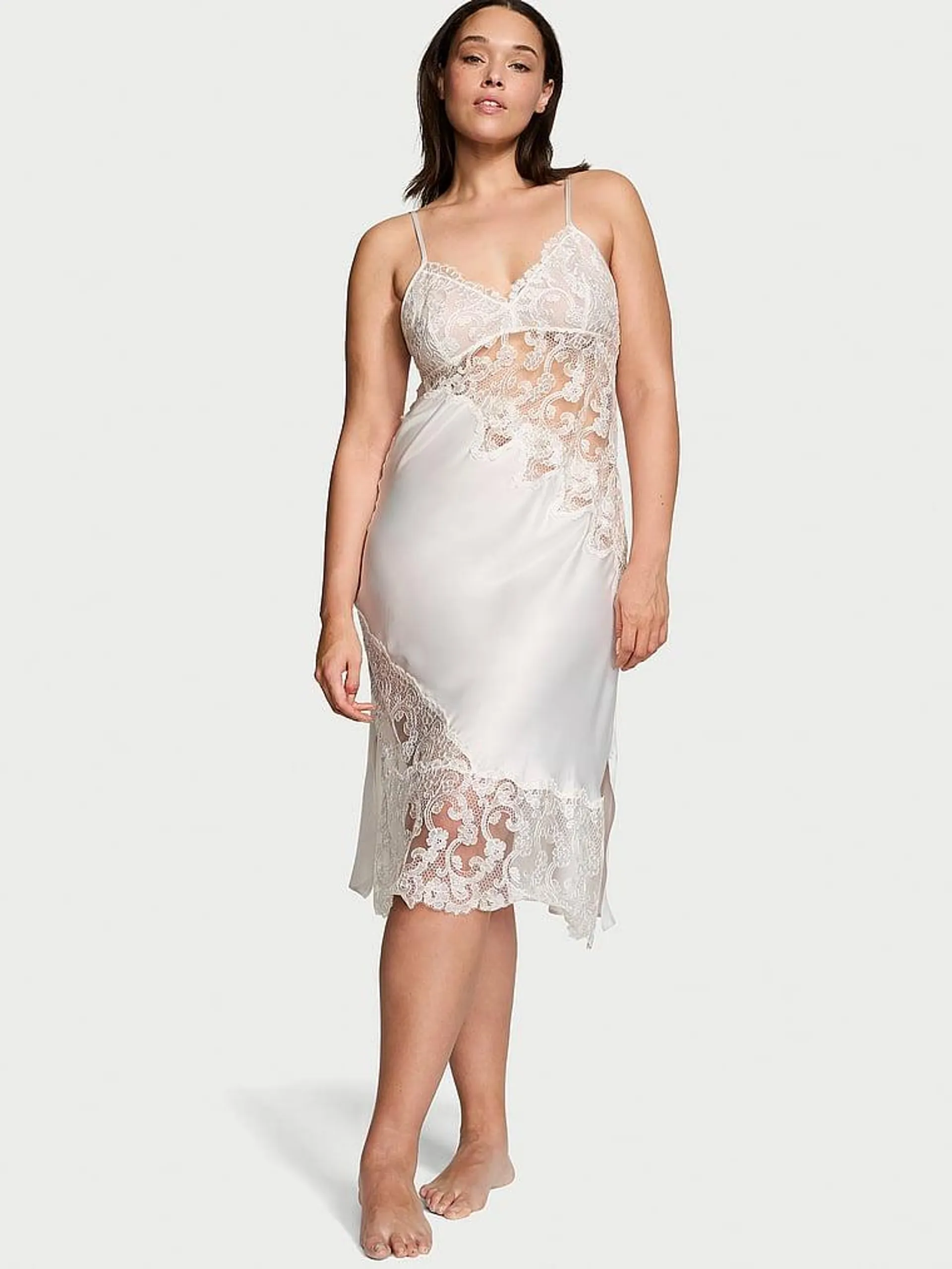 Satin Boho Floral Embroidery Midi Slip