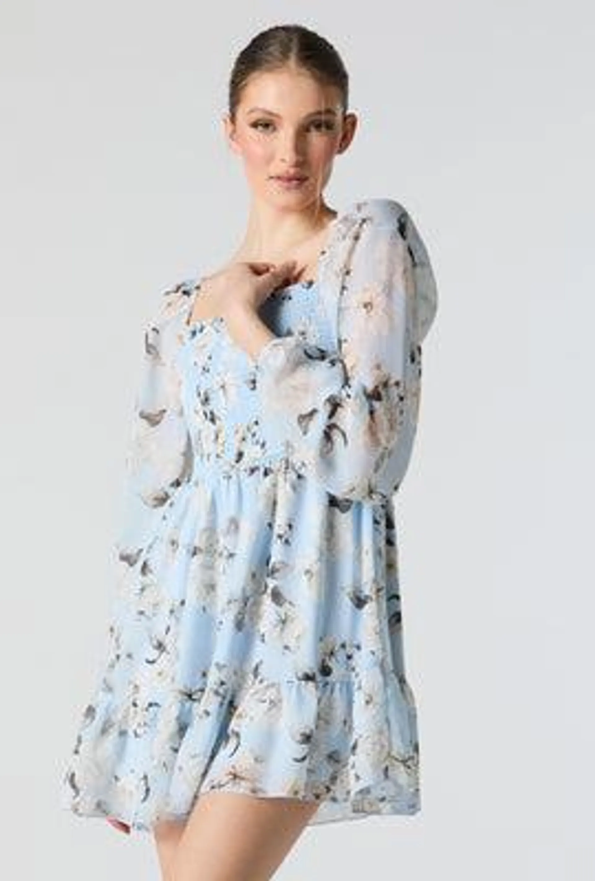 Blue Floral Smocked Long Sleeve Mini Dress