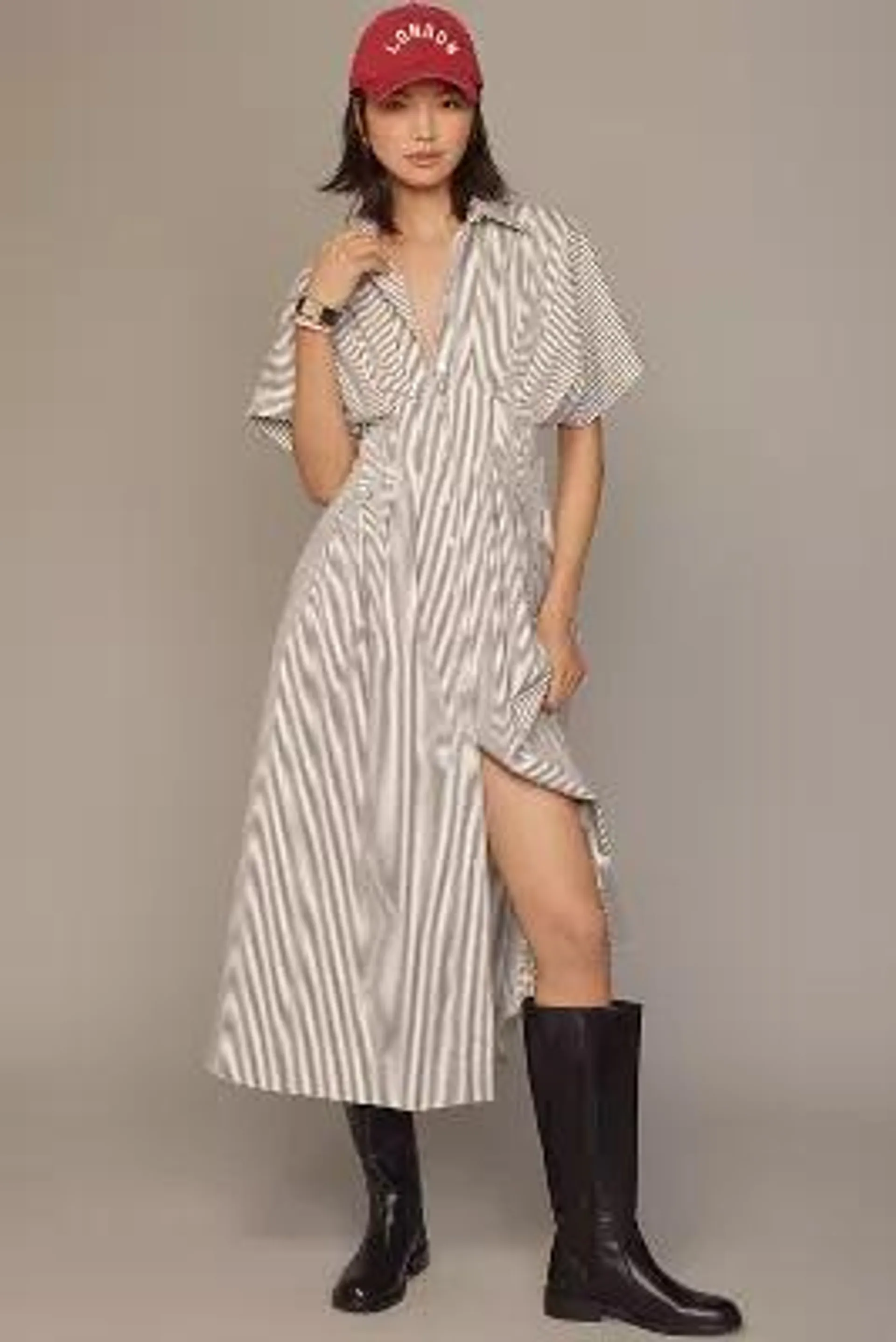 The Tobie Button-Front Pleated Shirt Dress by Exquise