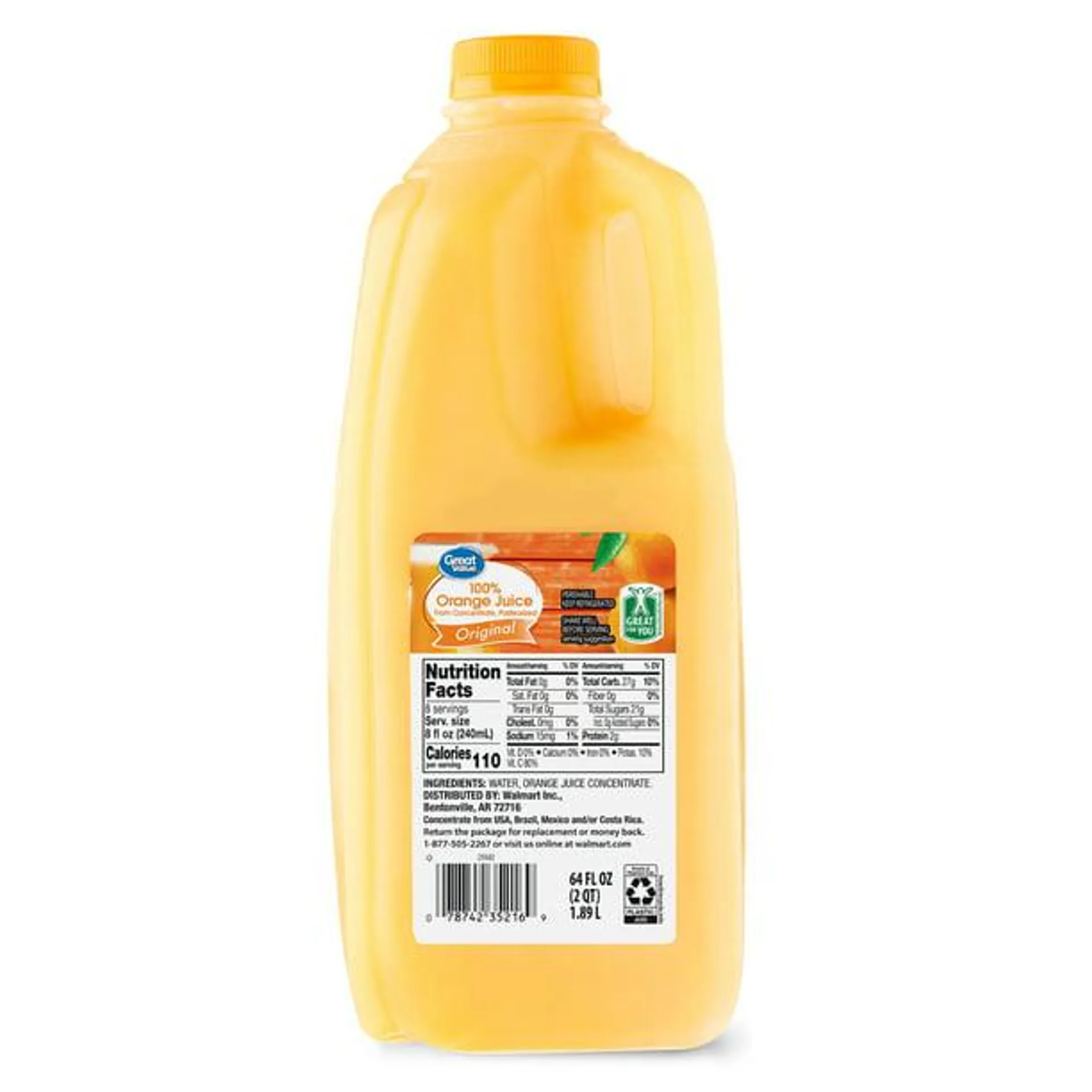 Great Value Original 100% Orange Juice, 64 fl oz