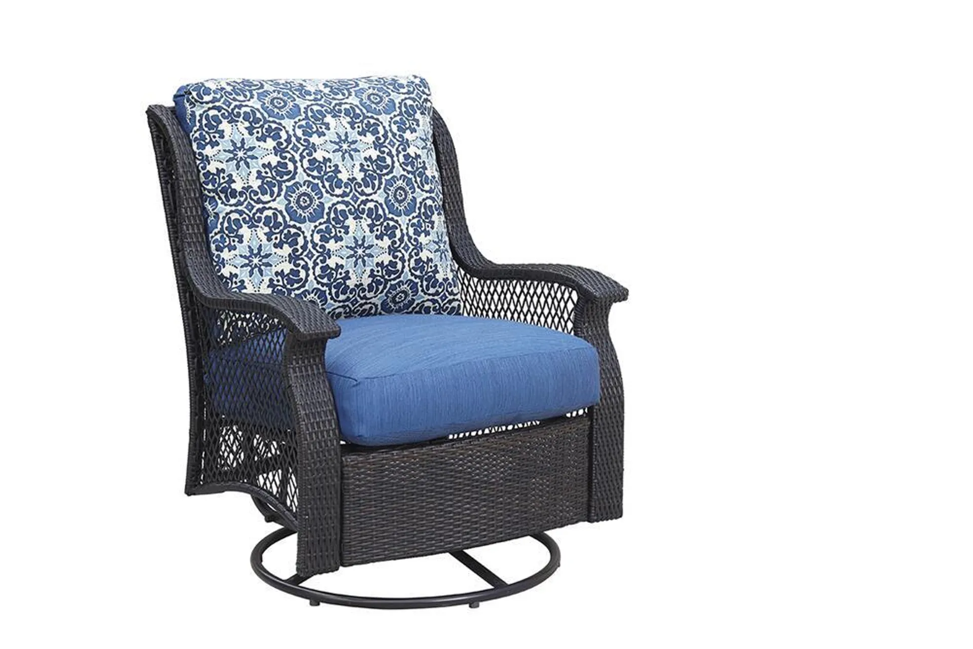 Backyard Creations® Allenwood Brown Wicker Deep Seating Swivel Glider Patio Chair with Blue Cushions