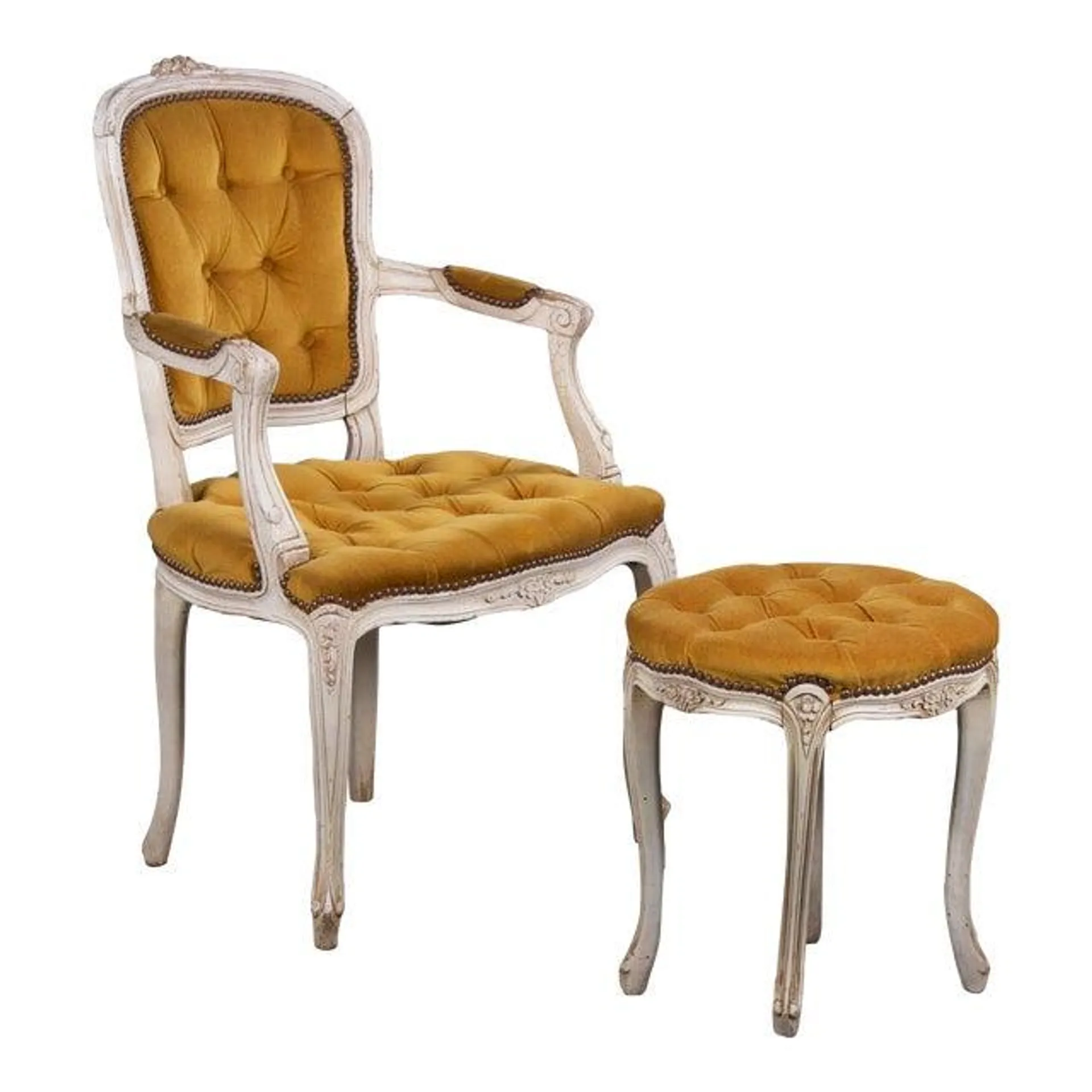 Antique French Louis XV Style Provincial Painted Armchair and Taboret W/ Golden Yellow Buttoned Velvet - a Pair