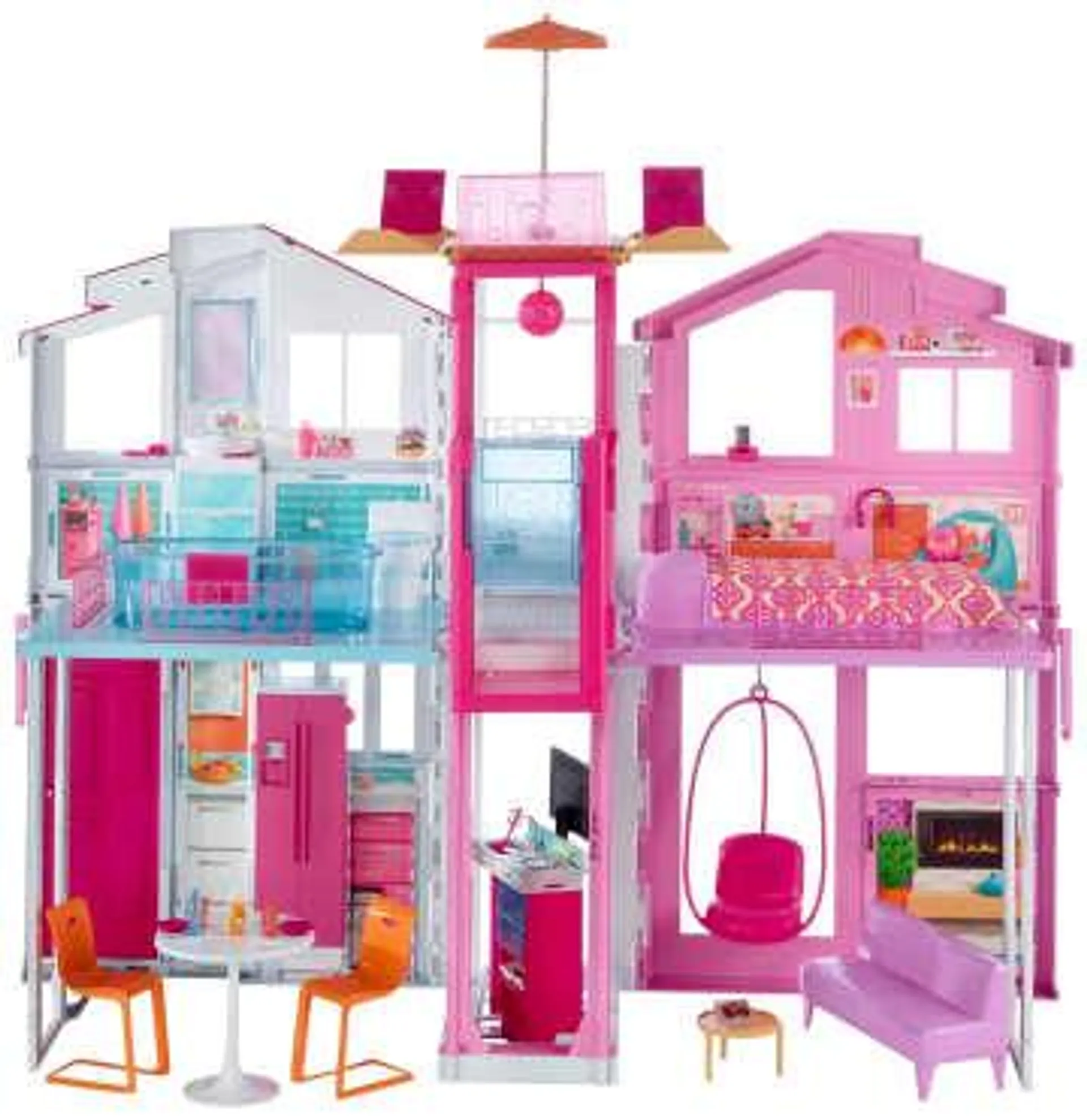 Barbie 3-Story Townhouse Dollhouse With Elevator, Swing Chair, Furniture And Accessories