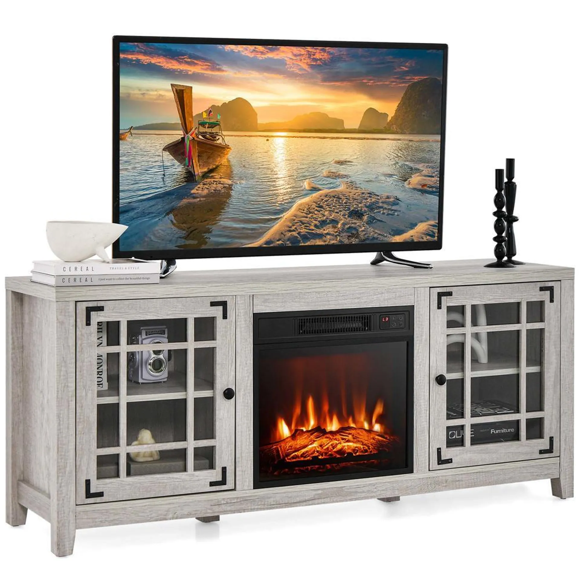 Costway 58 Inches Fireplace TV Stand for TVs up to 65 Inches with 1400W Electric Fireplace Black/Naturl/White