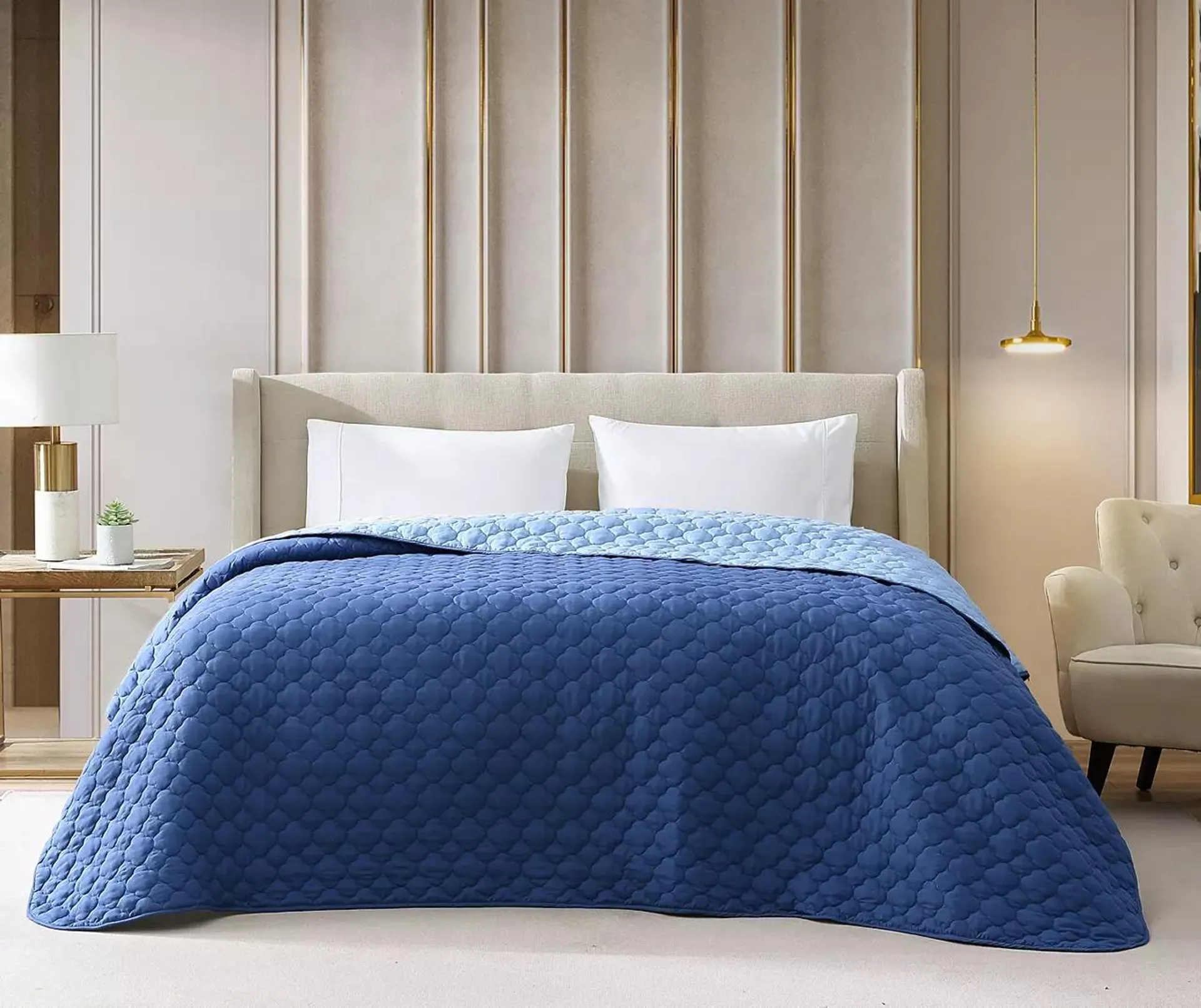 Blue & Light Blue Quilted Reversible Queen Bedspread