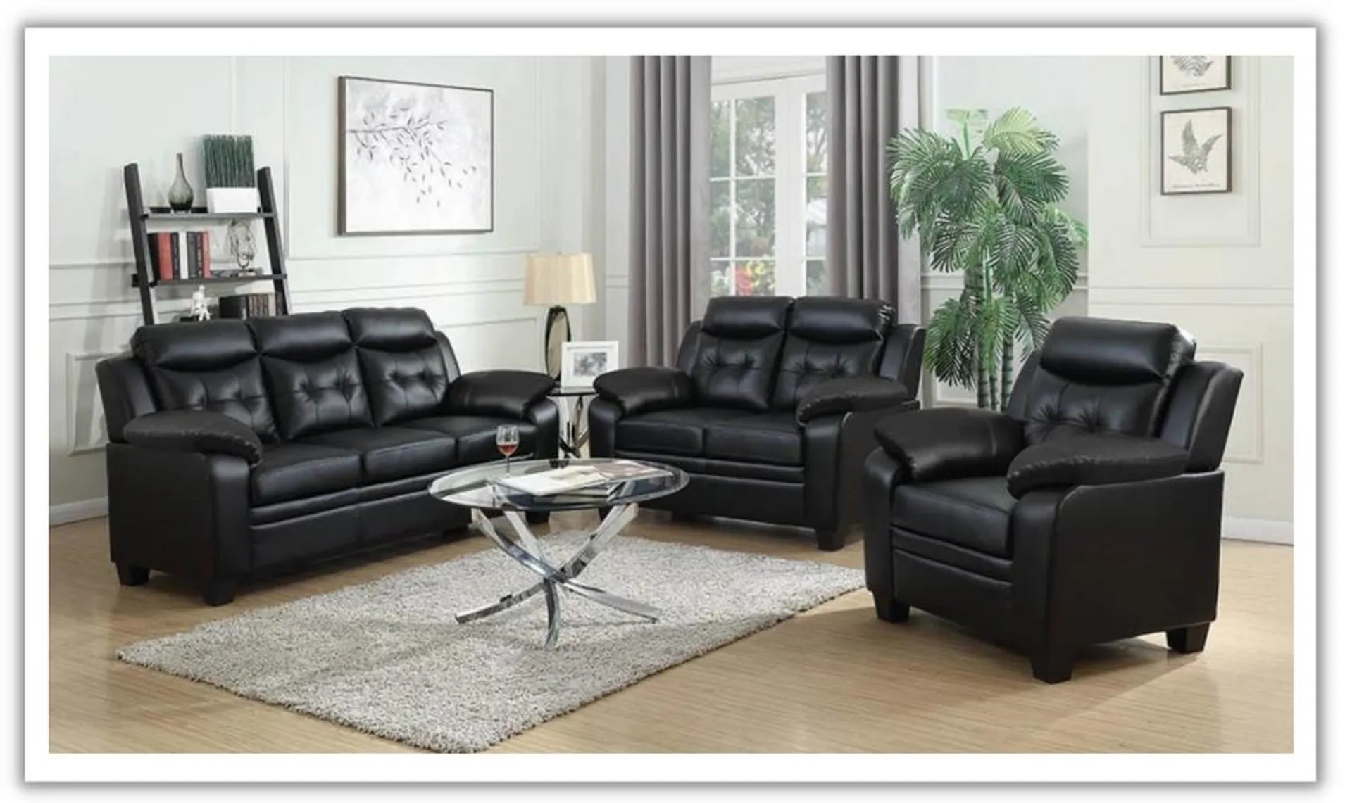 Coaster Finley 3-Seater Tufted Faux Leather Sofa in Black