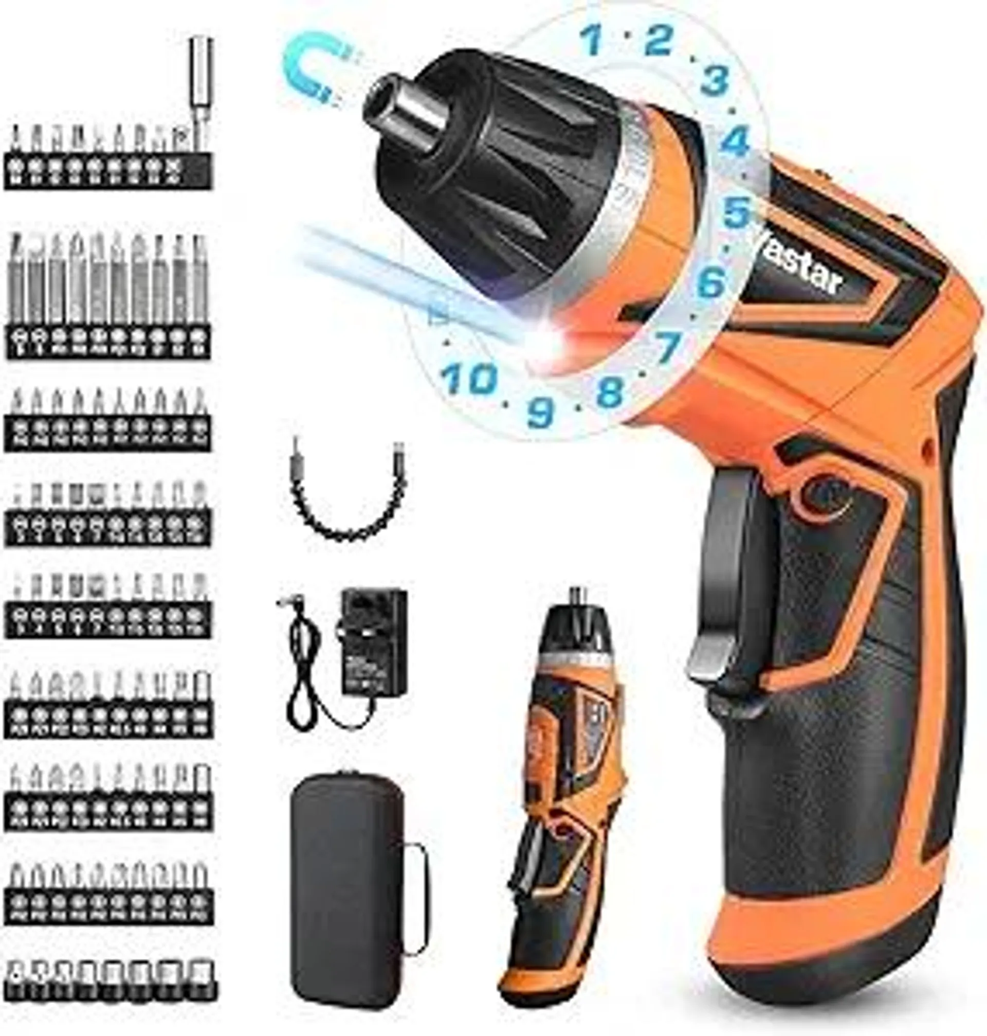 Vastar 8V Cordless Electric Screwdriver, 89Pcs Rechargeable Power Magnetic Screwdriver Kit in Carrying Case, with 10+1 Torque Settings, Dual Position Handle, Battery Indicator, Flexible Shaft, LED