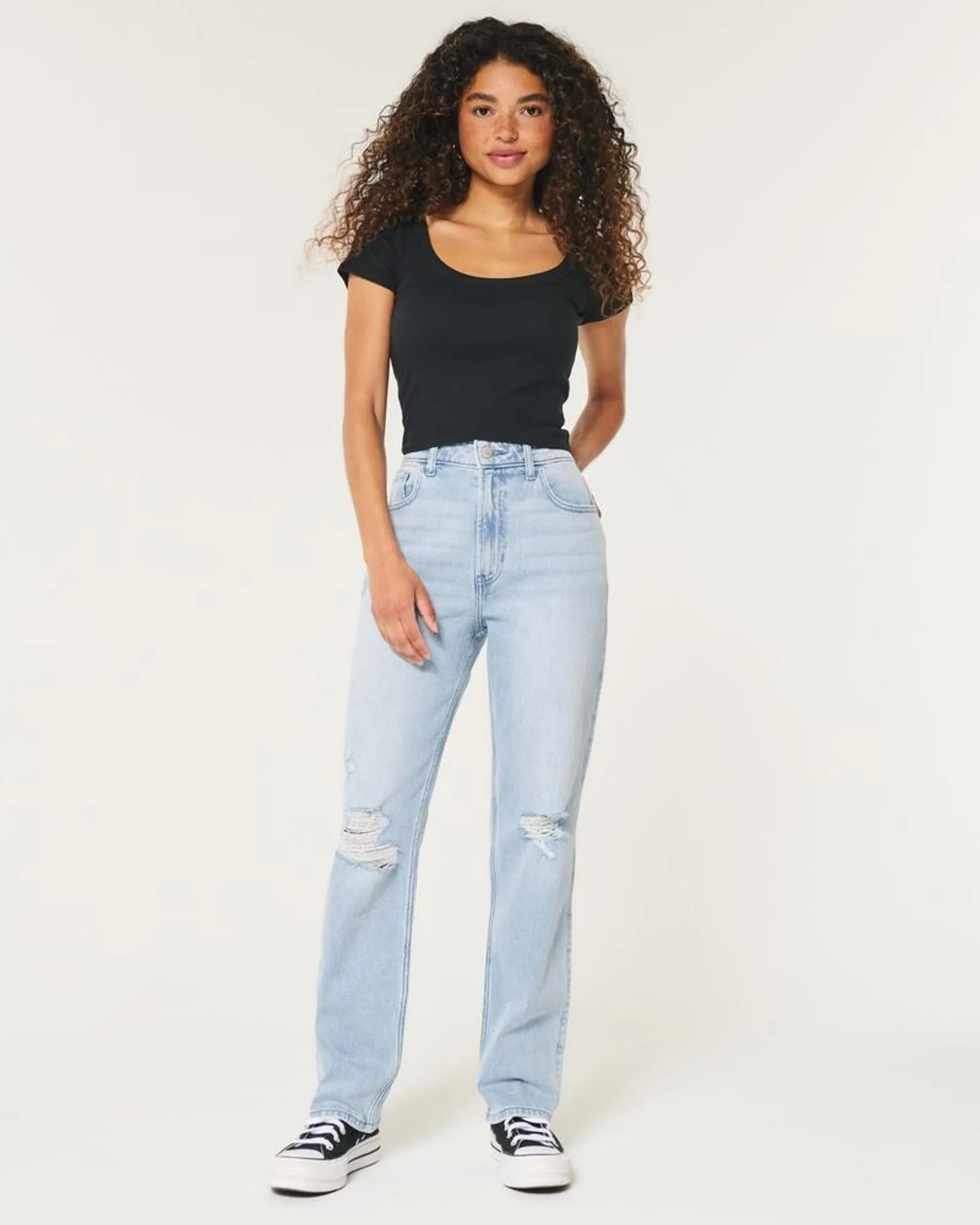 Ultra High-Rise Light Wash Ripped 90s Straight Jeans