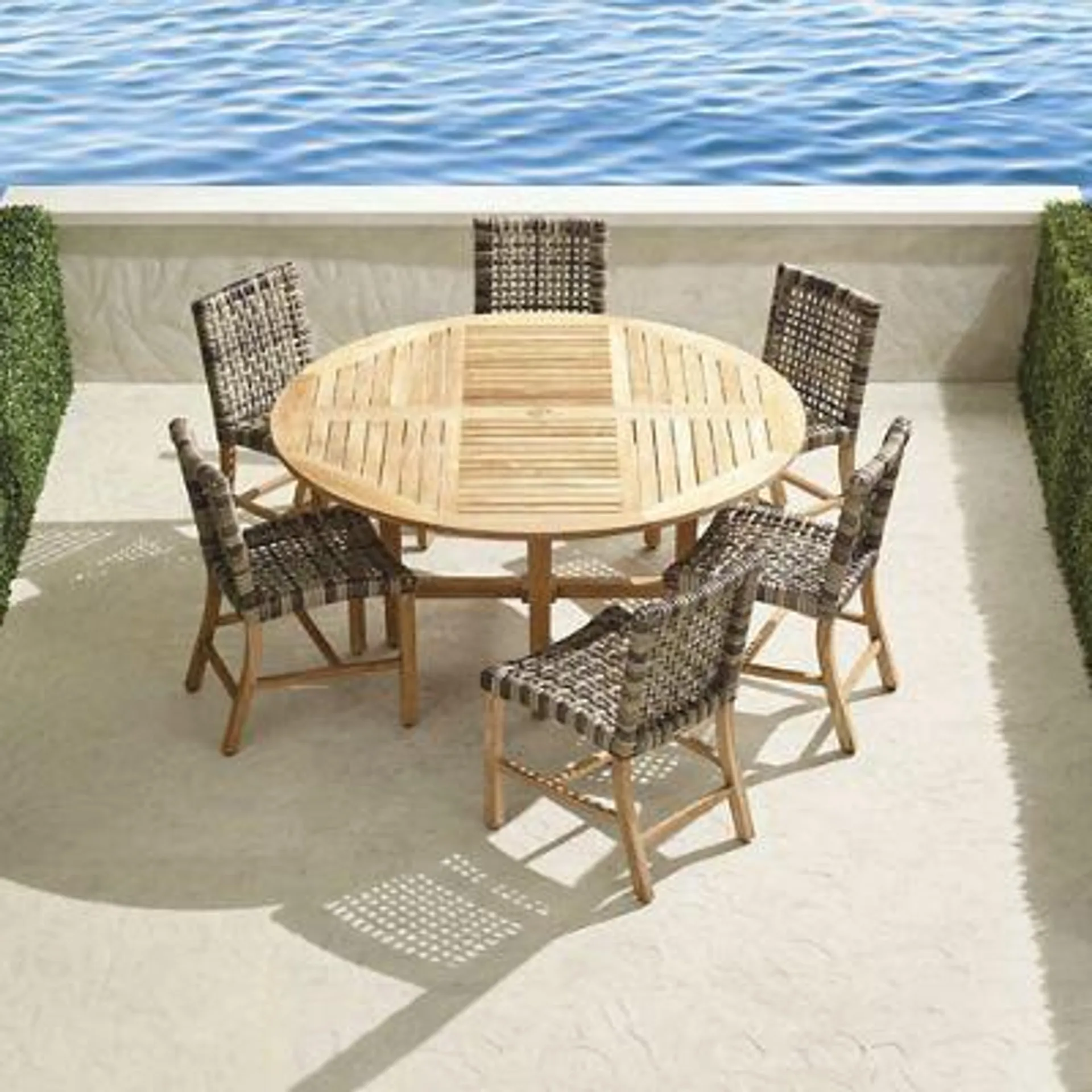 Isola 7-pc. Round Dining Set in Natural Teak & Driftwood Wicker