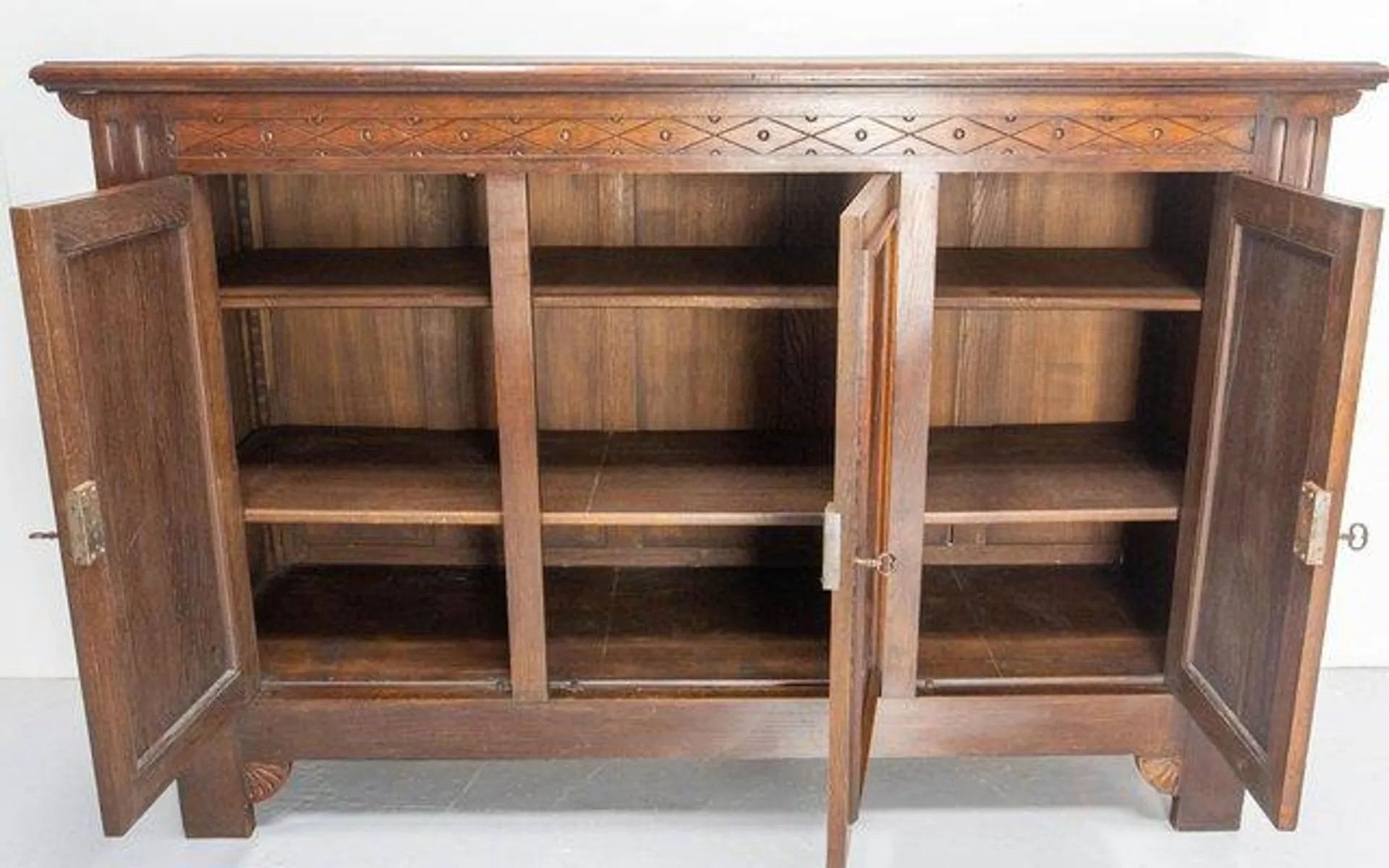 Vintage French Neogothic Style Oak & Wrought Iron Buffet, 1960s