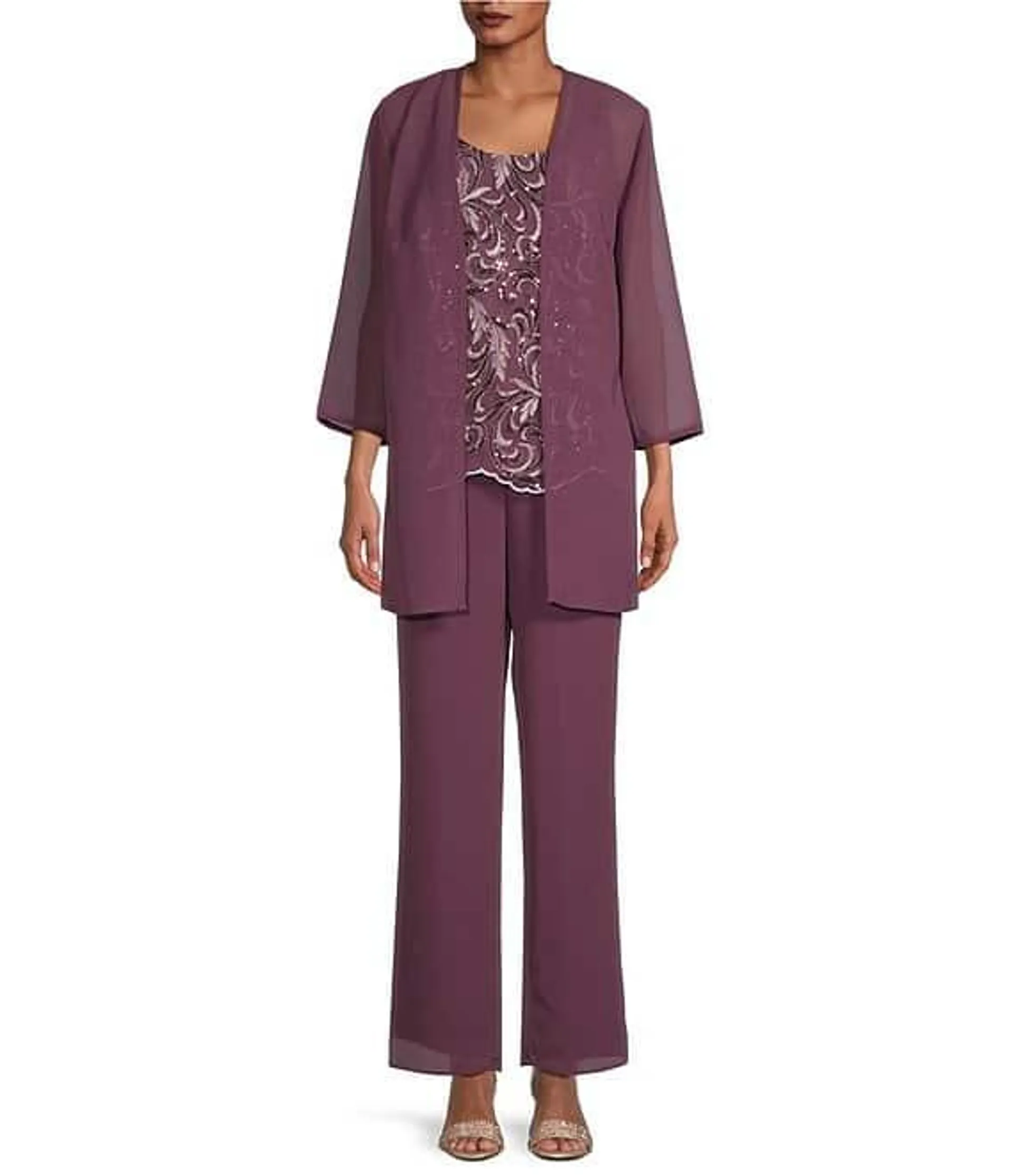 Embroidered Round Neck 3/4 Sleeve Chiffon 3-Piece Pant Set