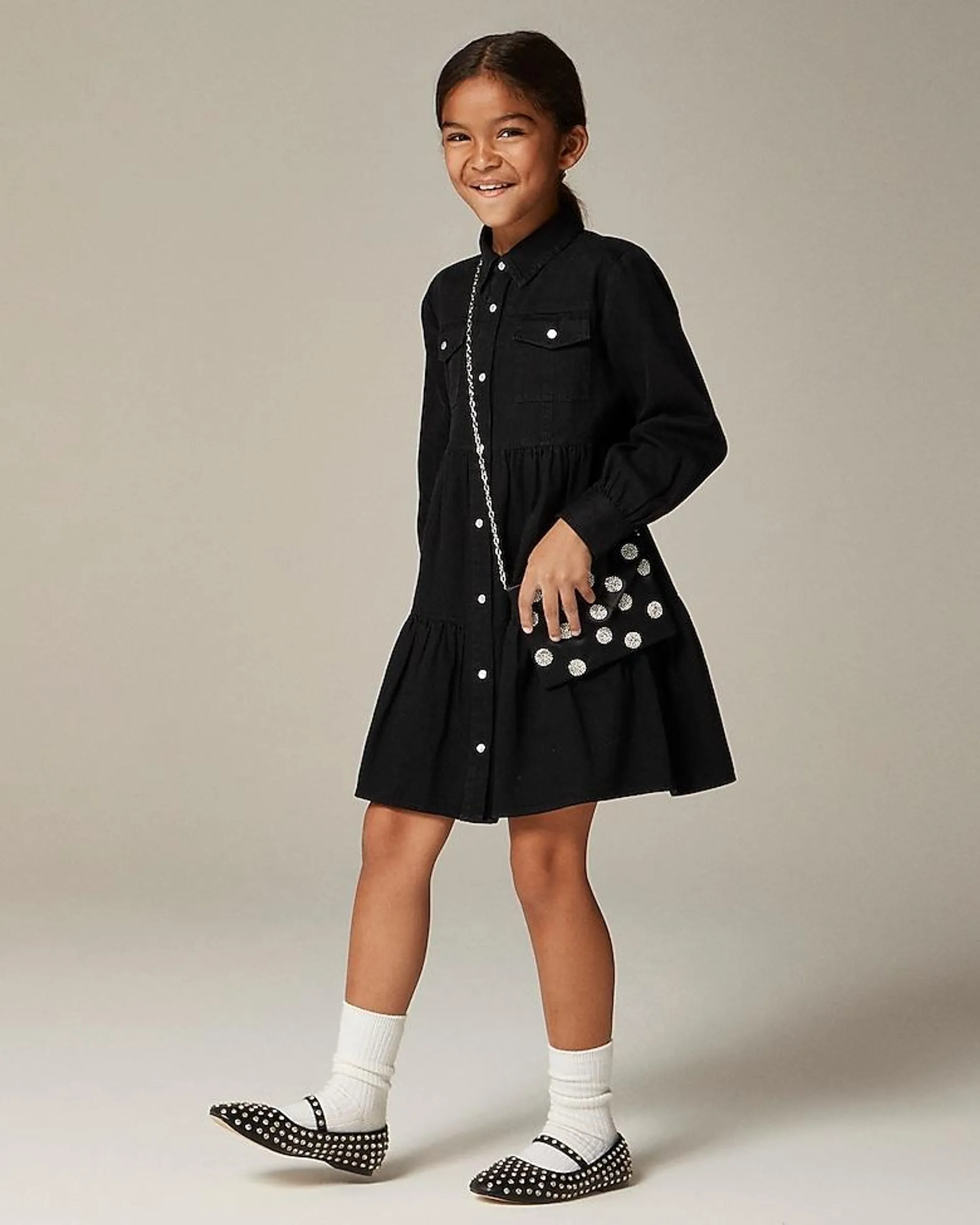 Girls' long-sleeve patch-pocket shirtdress in drapey denim