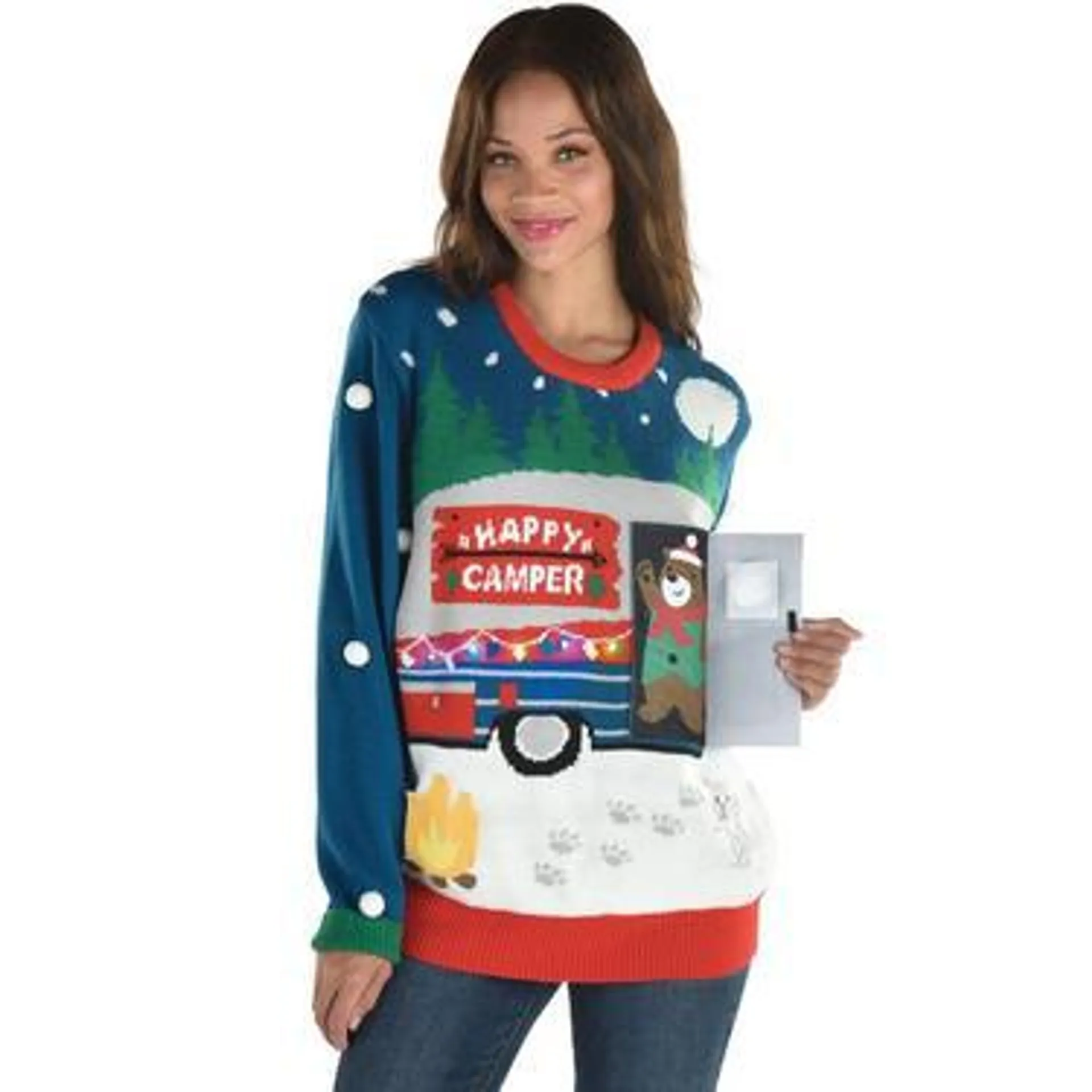 Adult Light-Up Happy Camper Ugly Christmas Sweater