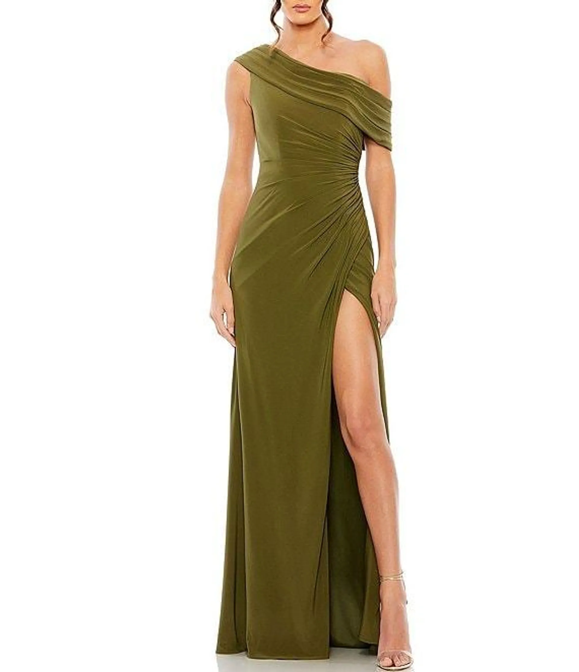 One Shoulder Cap Sleeve Ruched Thigh High Slit Faux Wrap Gown