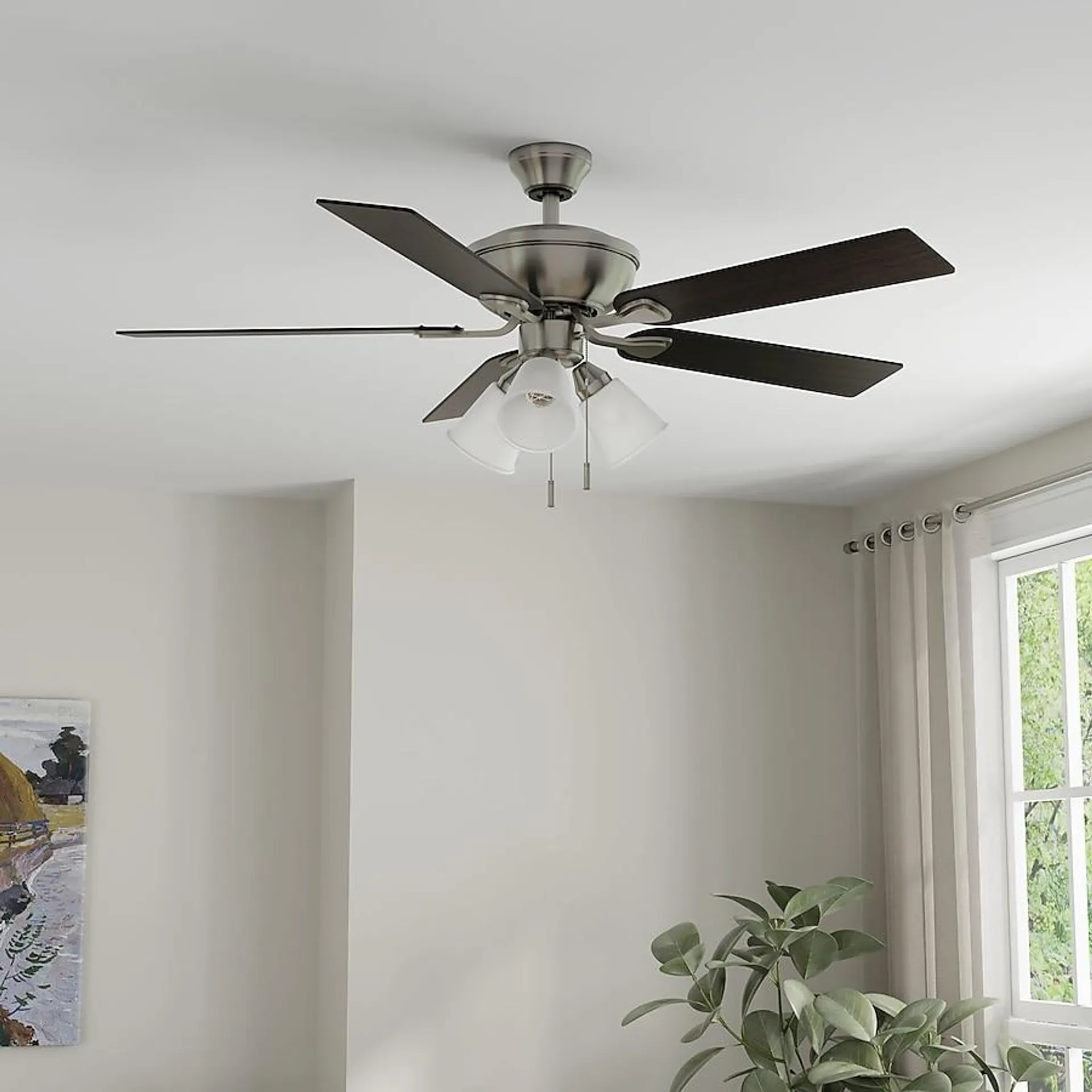 Harbor Breeze Sailor Bay 52-in Downrod or Flush Mount Brushed Nickel with Auburn/Honey Blades Ceiling Fan With Light ( 5 -Blade )