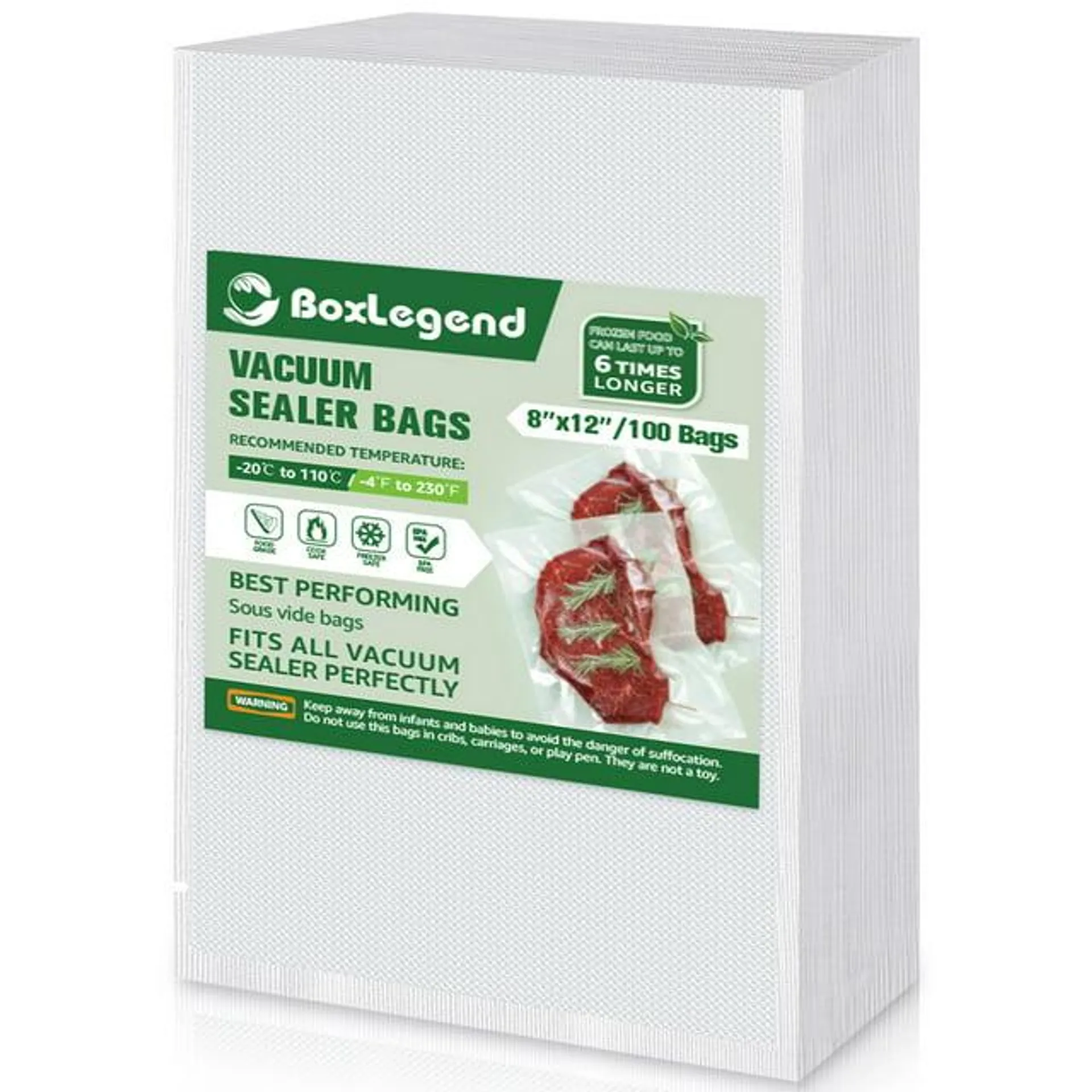 BoxLegend Vacuum Sealer Bags 8"x 12"x100 Size Food Vacuum Seal Rolls Pre-Cut Food Saver Bag,Clear