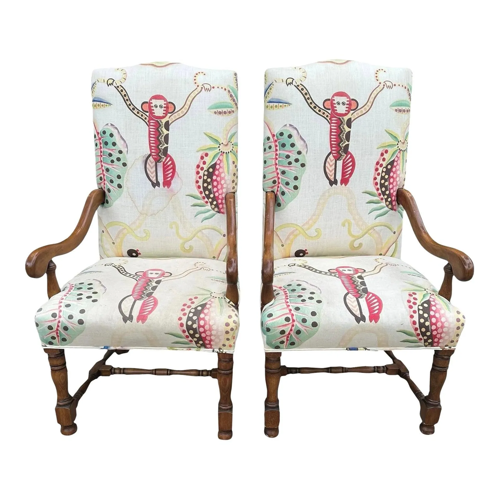 Set of 2 Louis XIV Style Armchairs, 20th Century Upholstered Monkey Chairs Palm Beach Jungle Style With Asian Flair