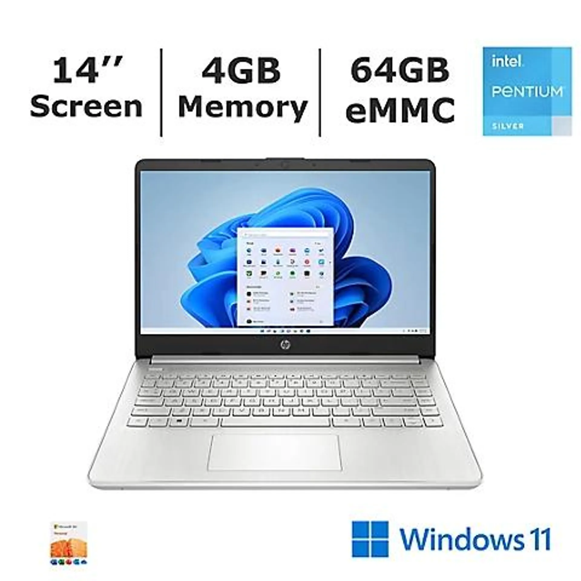 HP 14-DQ0075nr Laptop, Intel Pentium Silver N5030 Processor, 4GB Memory, 64GB eMMc with 1-Year of Office365 Personal