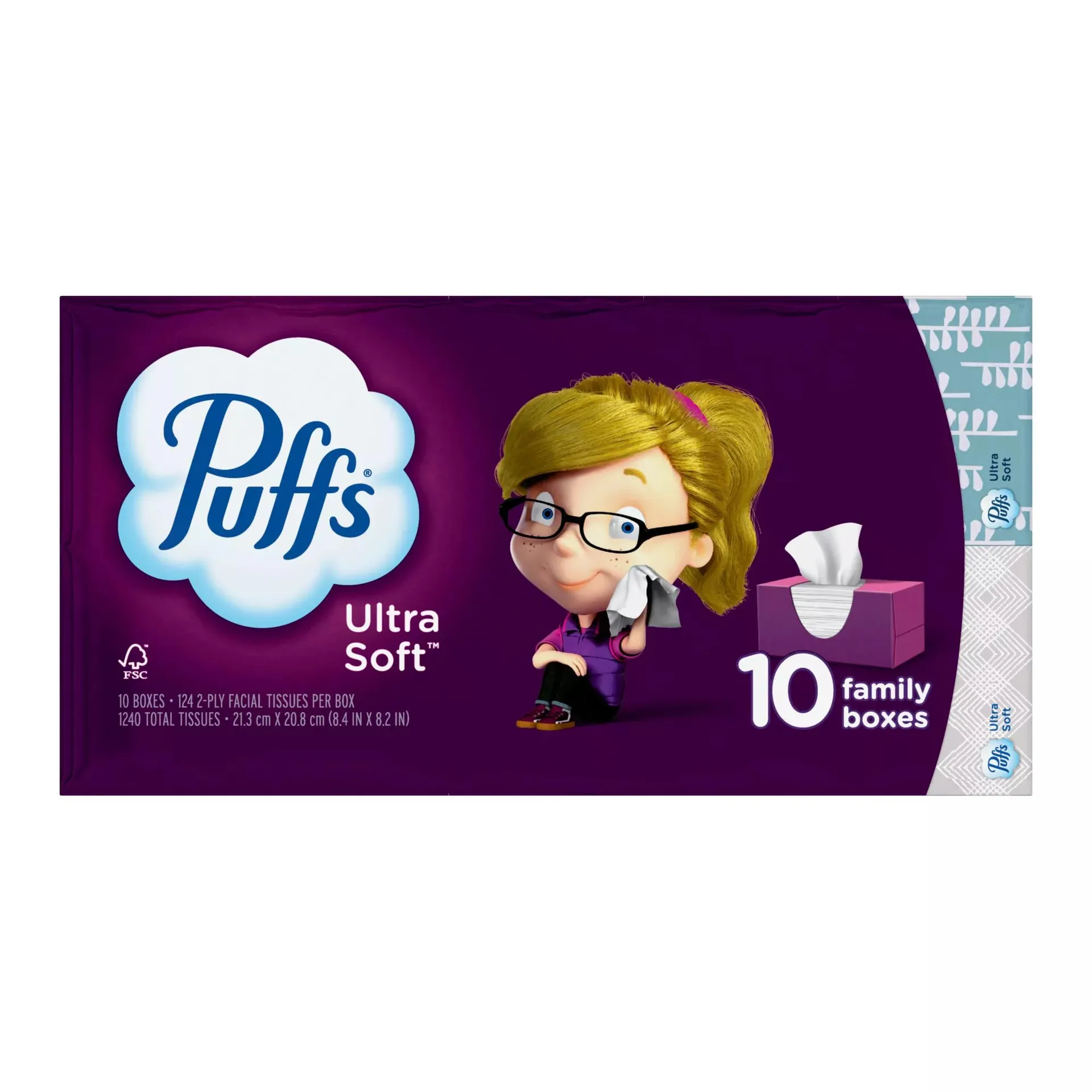 Puffs Ultra Soft Facial Tissues, 10 Family Size Boxes/124 Tissues Per Box