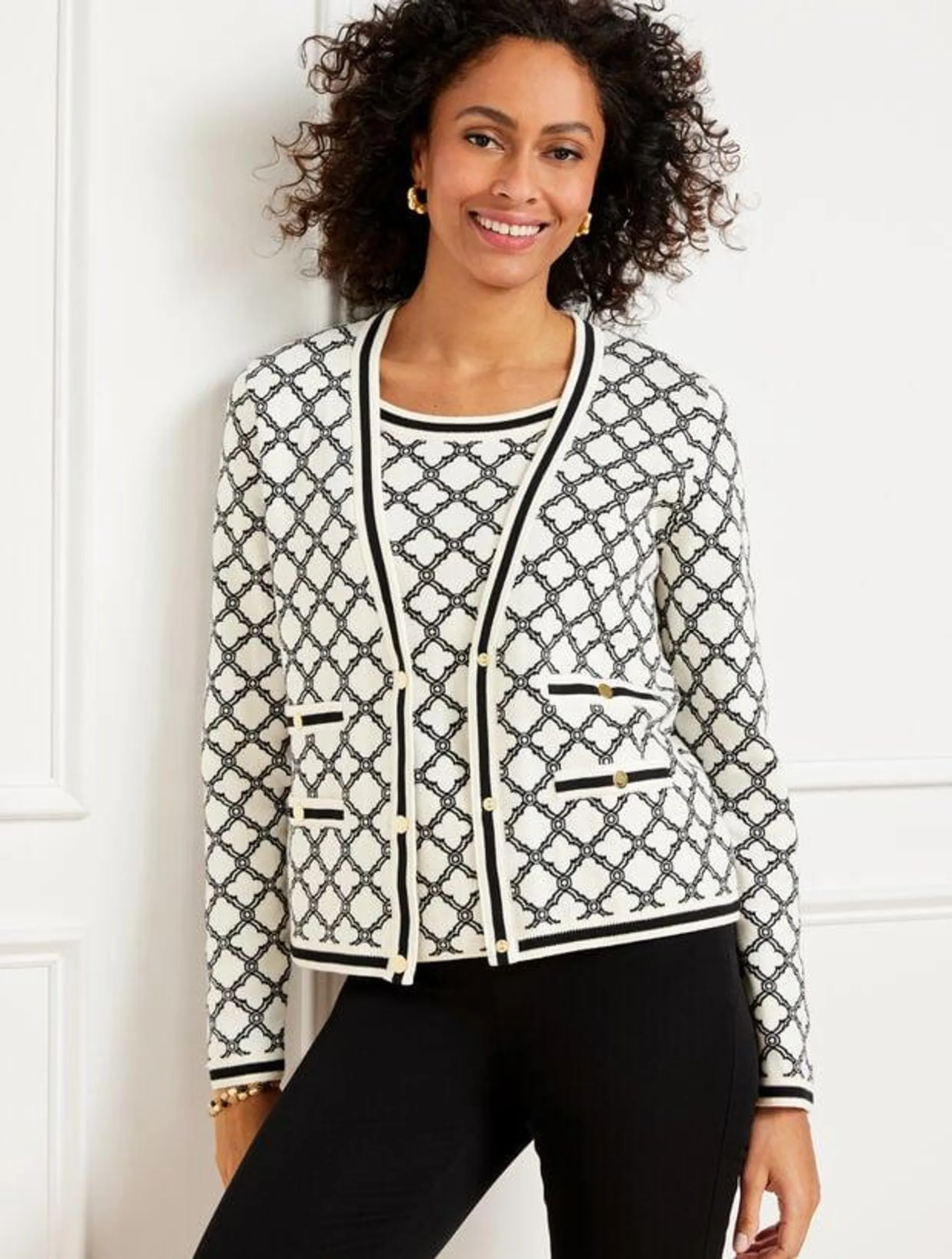 V-Neck Cardigan - Lattice Jacquard