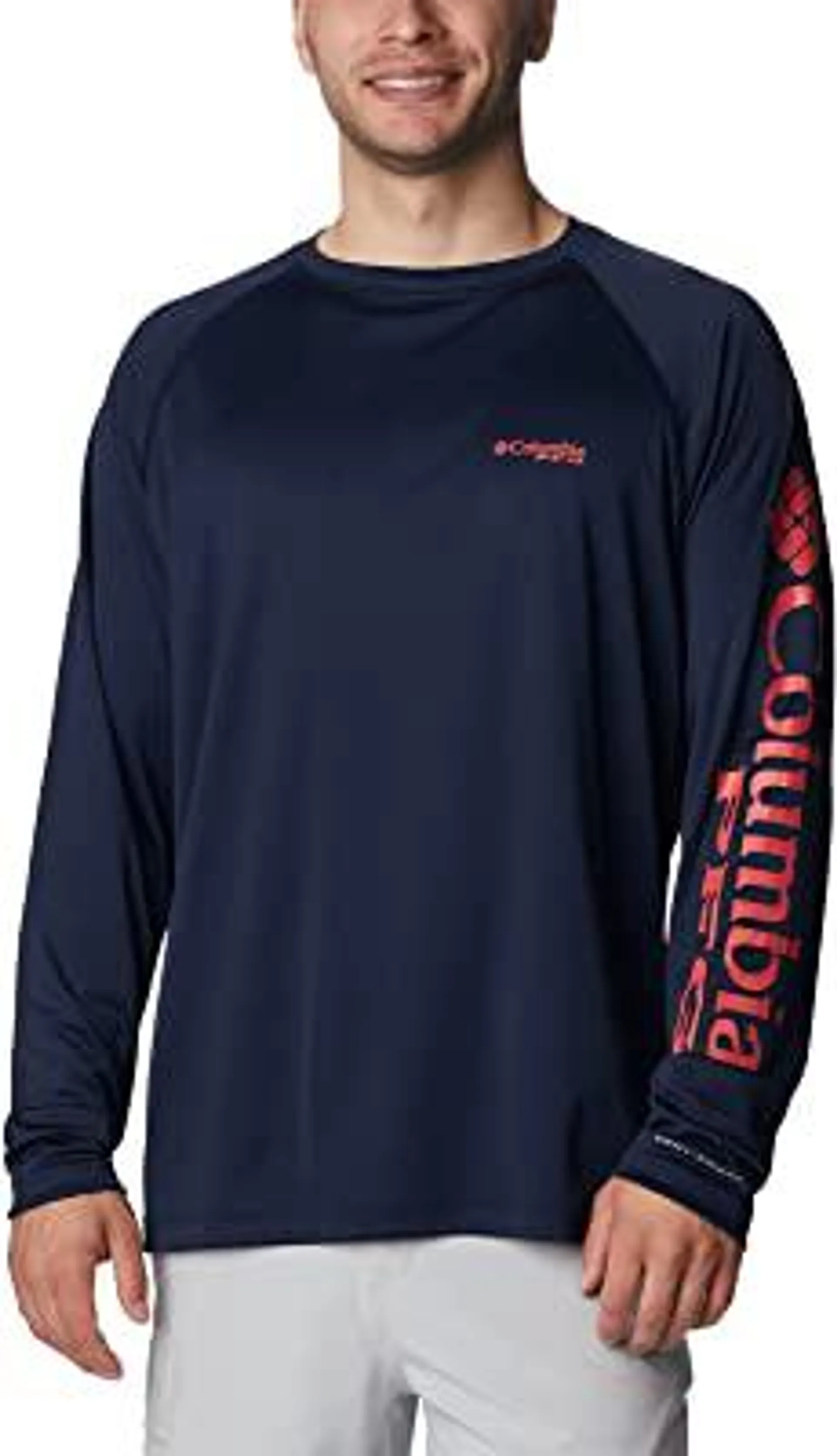 Men's Terminal Tackle Long Sleeve Shirt, Collegiate Navy, Sunset Red Logo, Medium