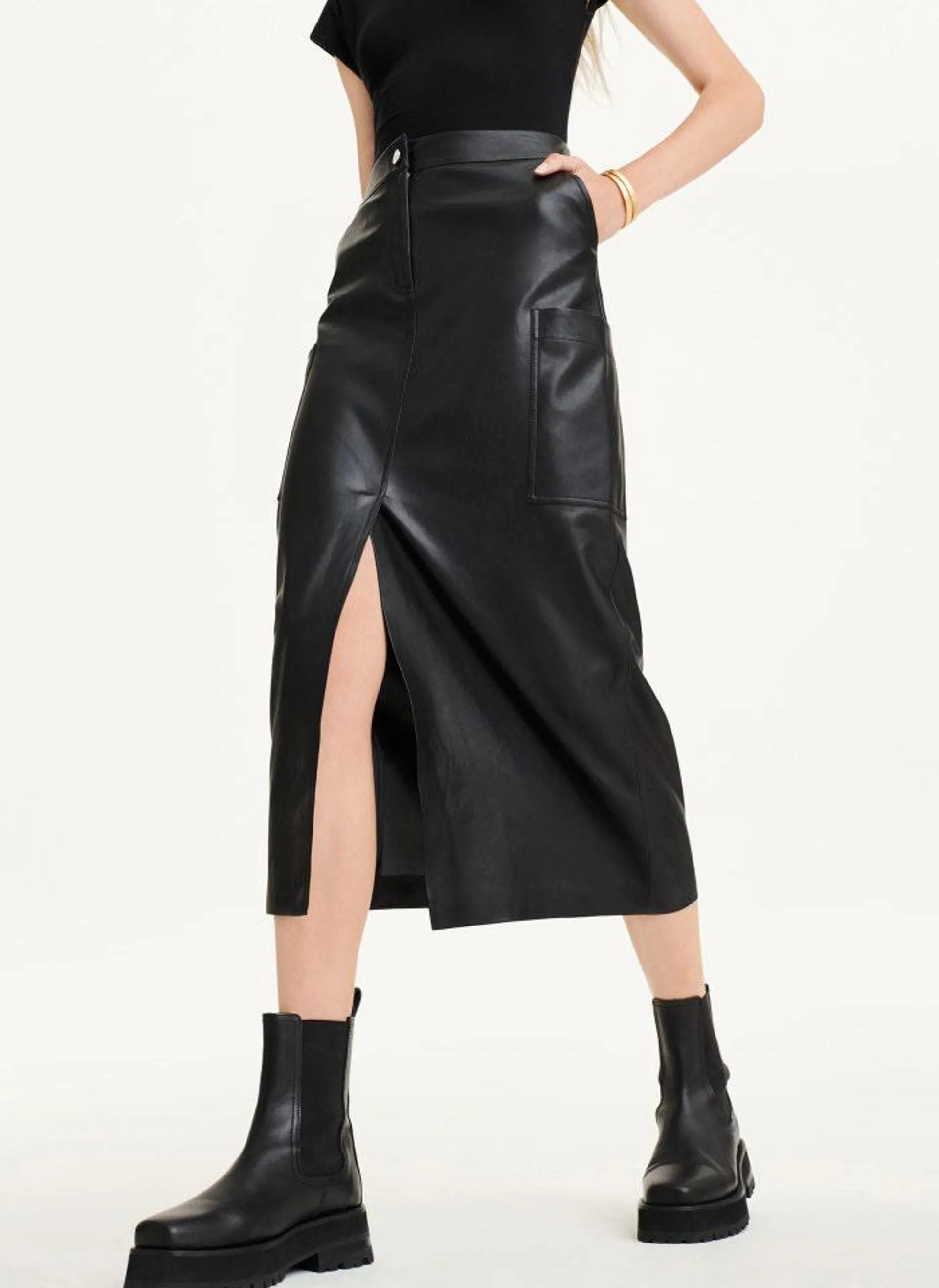 Faux Leather Midi Skirt With Cargo Pockets