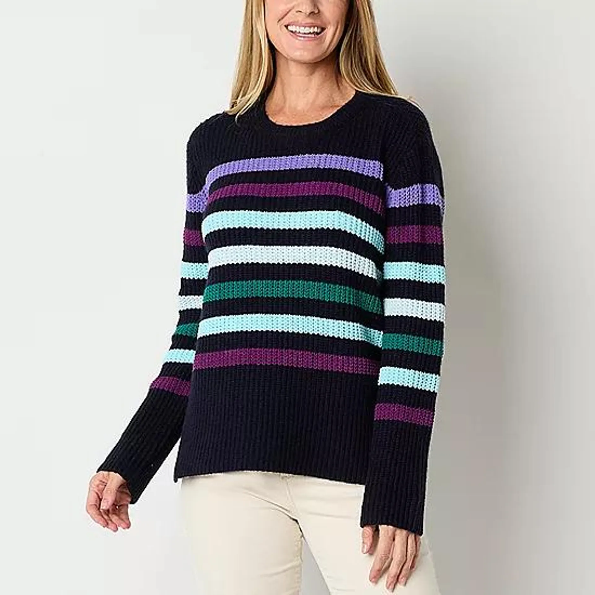 St. John's Bay Womens Crew Neck Long Sleeve Striped Pullover Sweater