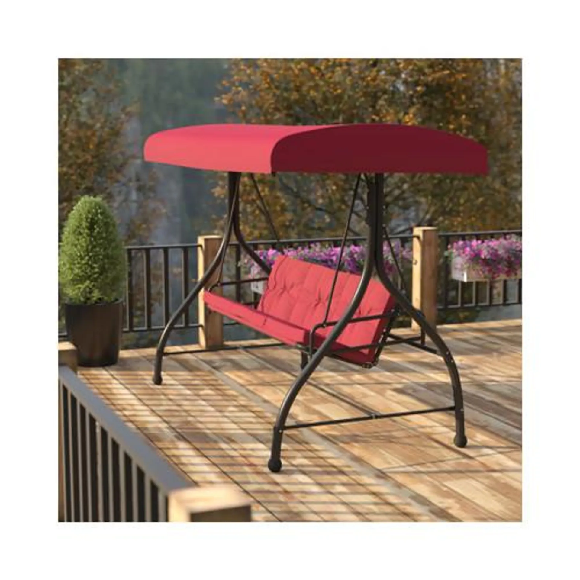 3-Seat Outdoor Steel Converting Patio Swing Canopy Hammock with Cushions / Outdoor Swing Bed (Maroon) - TLH007MRNGG