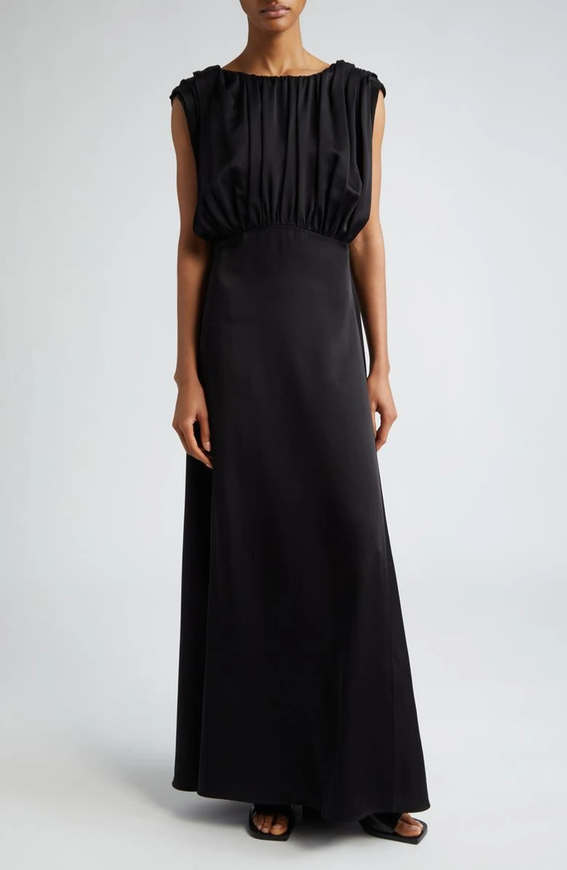 Gathered Cap Sleeve Satin Gown