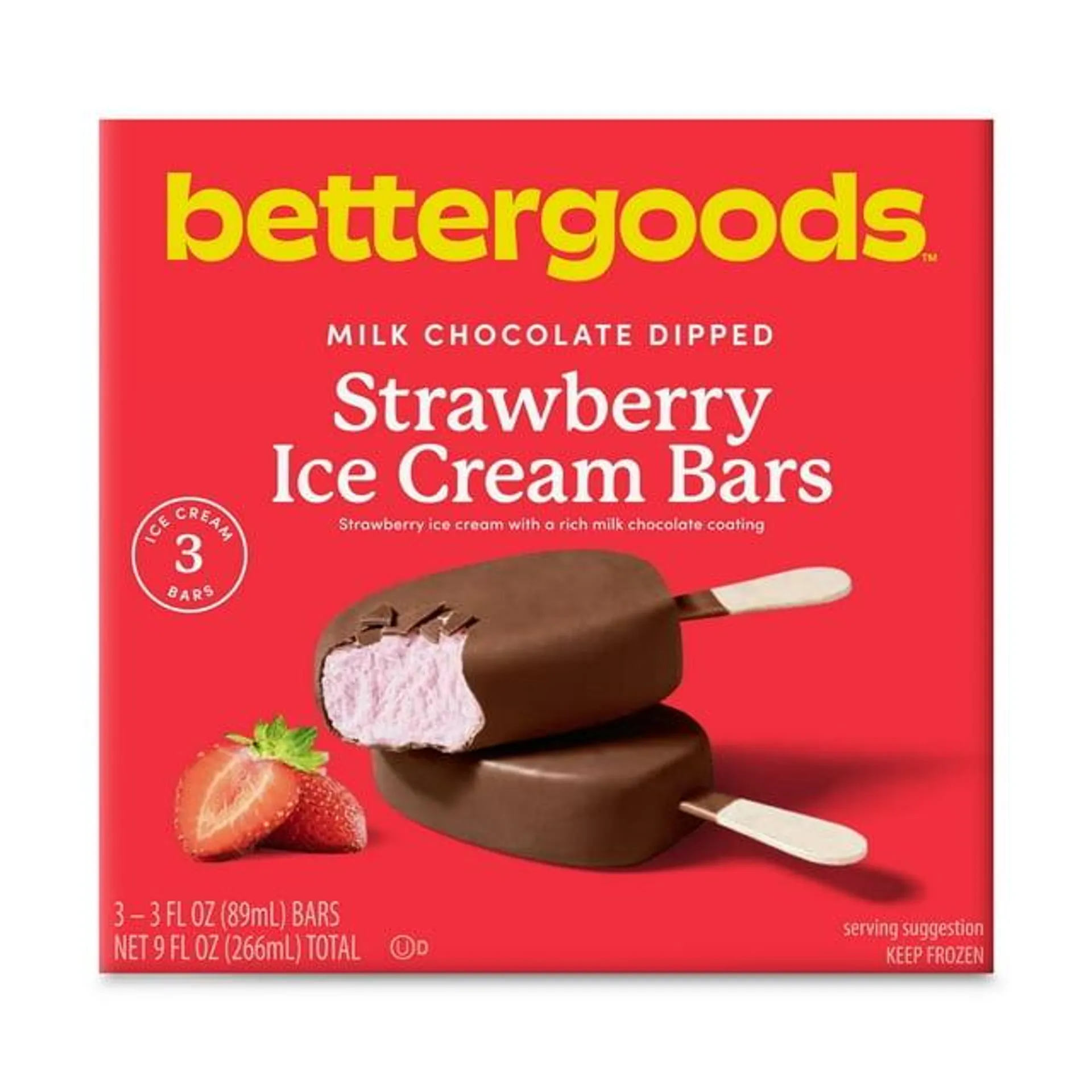 bettergoods Milk Chocolate Dipped Strawberry Ice Cream Bars, 3 fl oz, 3 Count