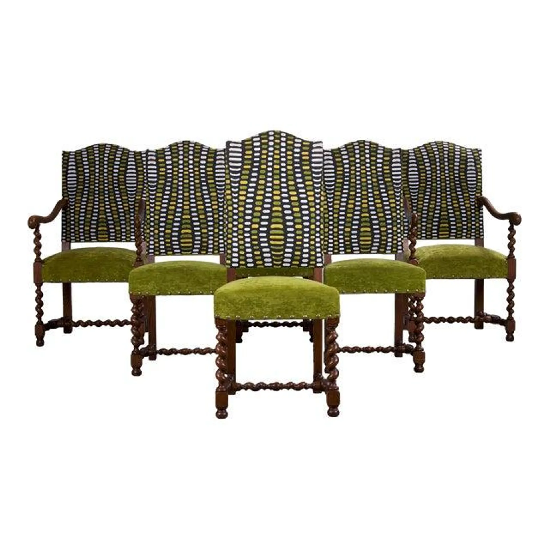 Antique French Louis XIII Style Oak Barley Twist Dining Chairs W/ Green Fabric - Set of 6