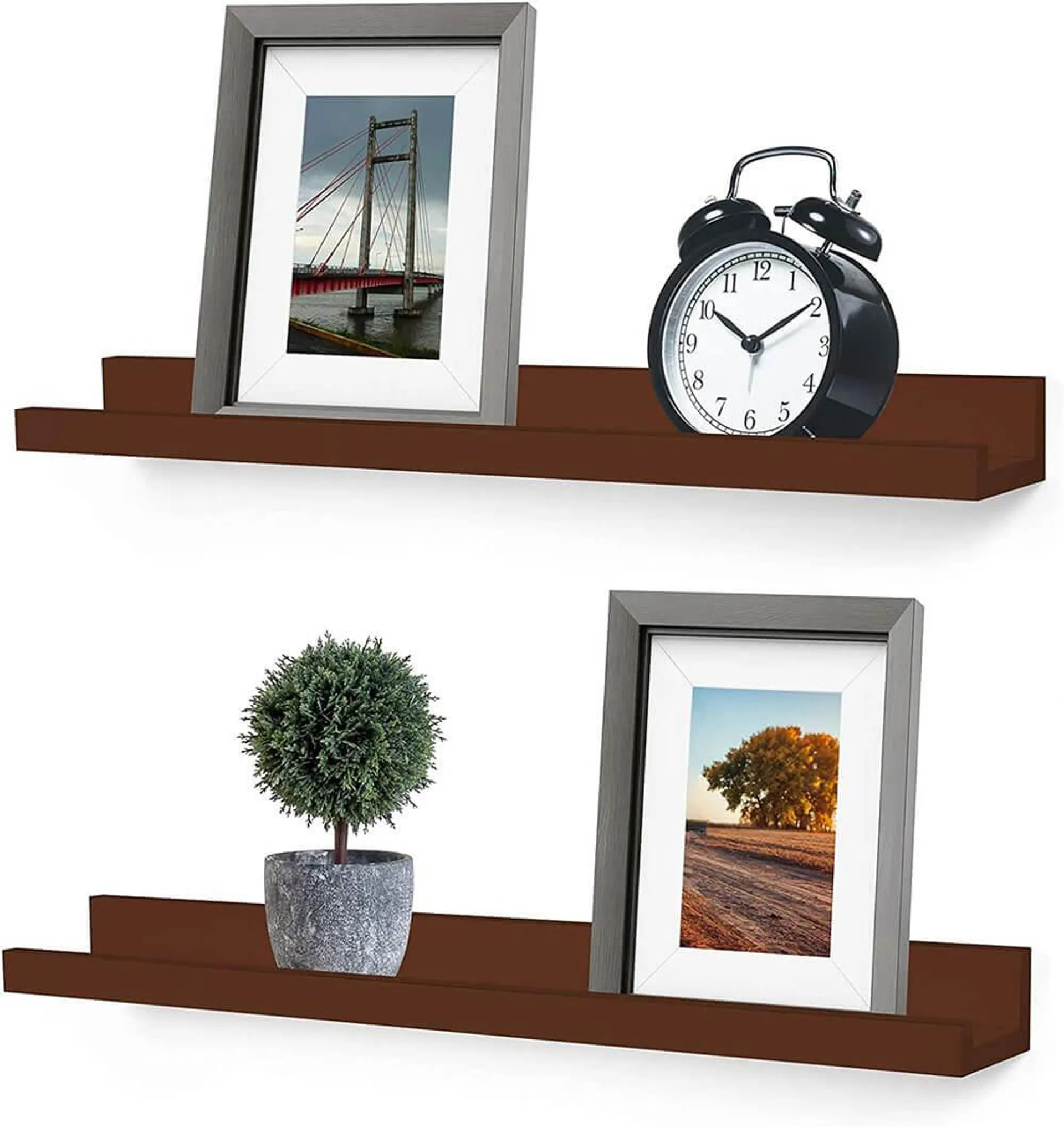 Greenco Vista Photo Ledge Floating Wall Shelves, Set of 2, Walnut